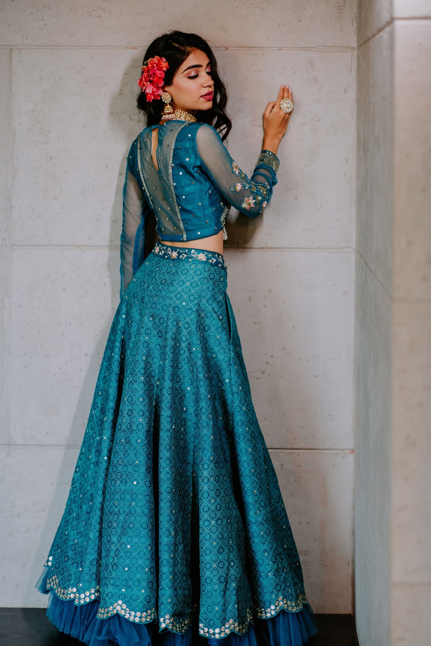Teal Silk Embroidered Scalloped Lehenga Set