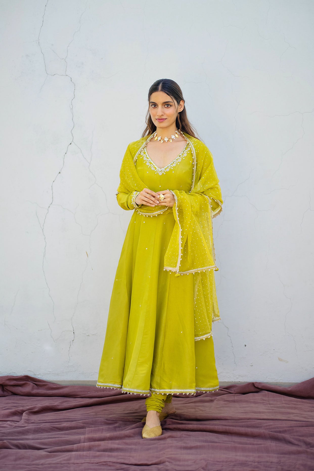Lime Green Tissue Embroidered Anarkali Set Ivory by Dipika Lime Green Tissue Embroidered Anarkali Set Ivory by Dipika