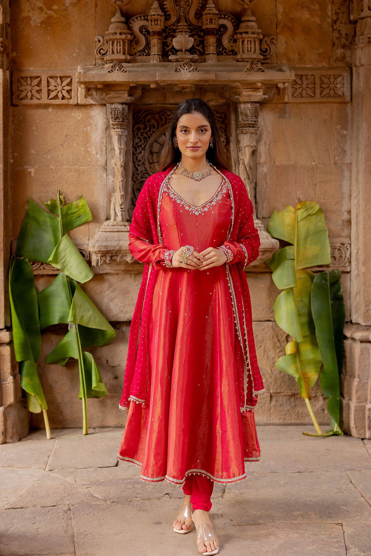 Cherry Red Tissue Embroidered Anarkali Set Ivory by Dipika Cherry Red Tissue Embroidered Anarkali Set Ivory by Dipika