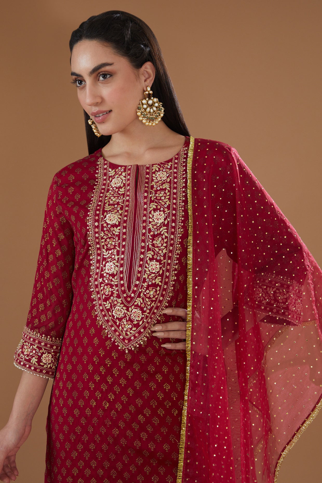Cherry Red Chanderi Embroidered Straight Kurta Set