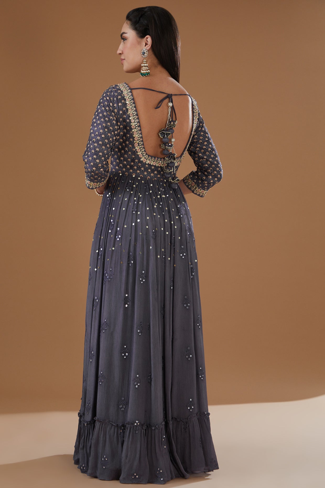 Powder Grey Printed And Embroidered Flared Anarkali Set