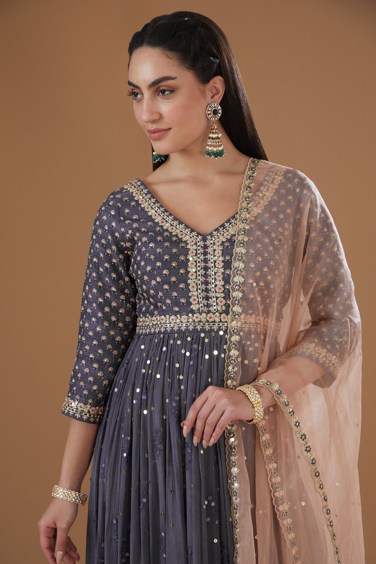 Powder Grey Printed And Embroidered Flared Anarkali Set
