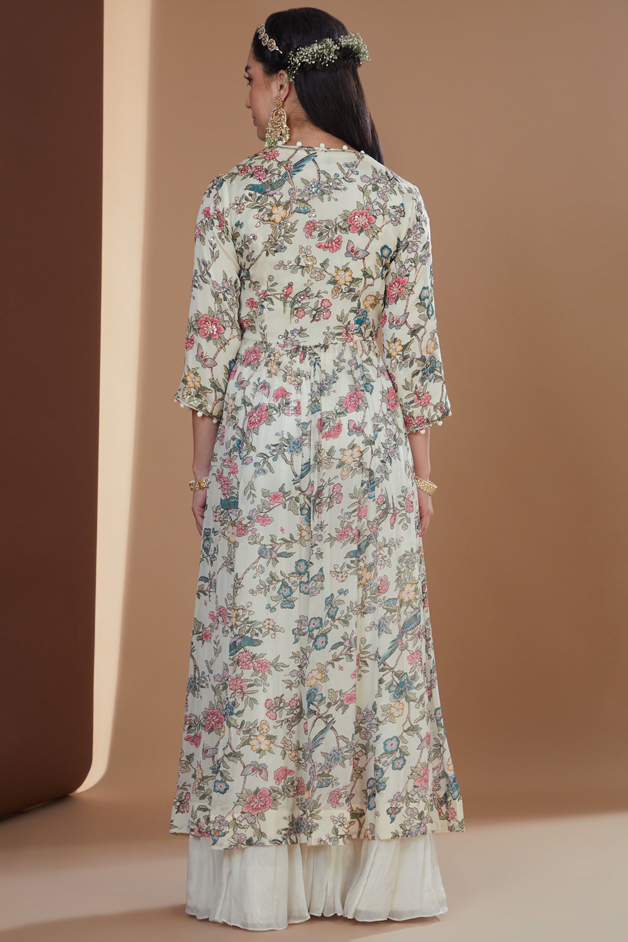 Ivory Chiffon Printed & Embroidered Jacket Set