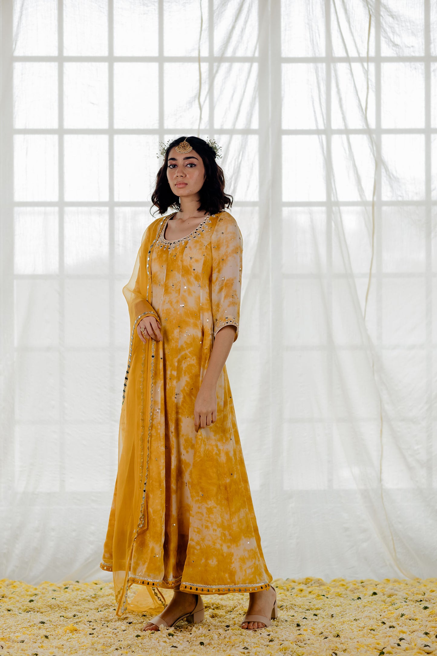 Mustard Georgette Mirror-Work Anarkali Set