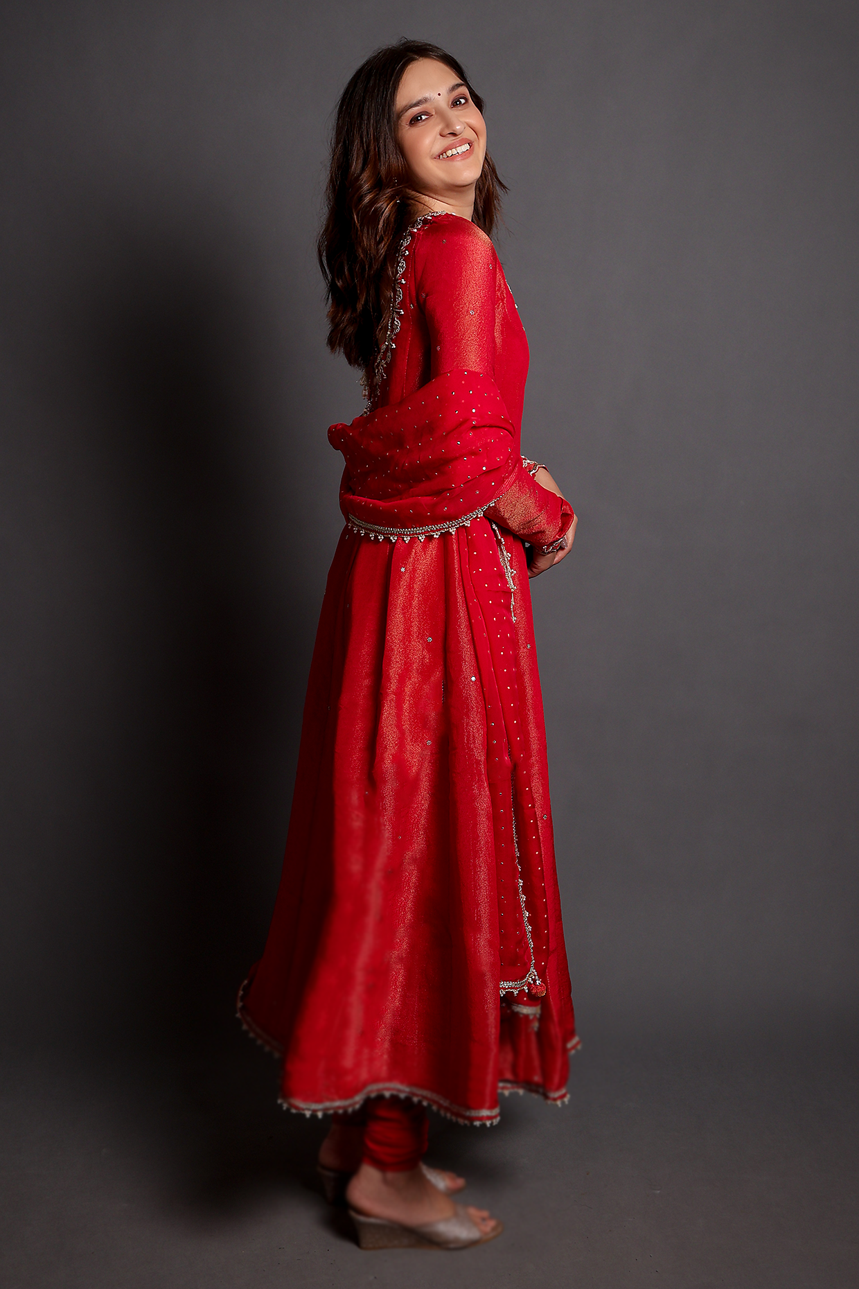 Kavita In Cherry Tissue Embroidered Anarkali Set