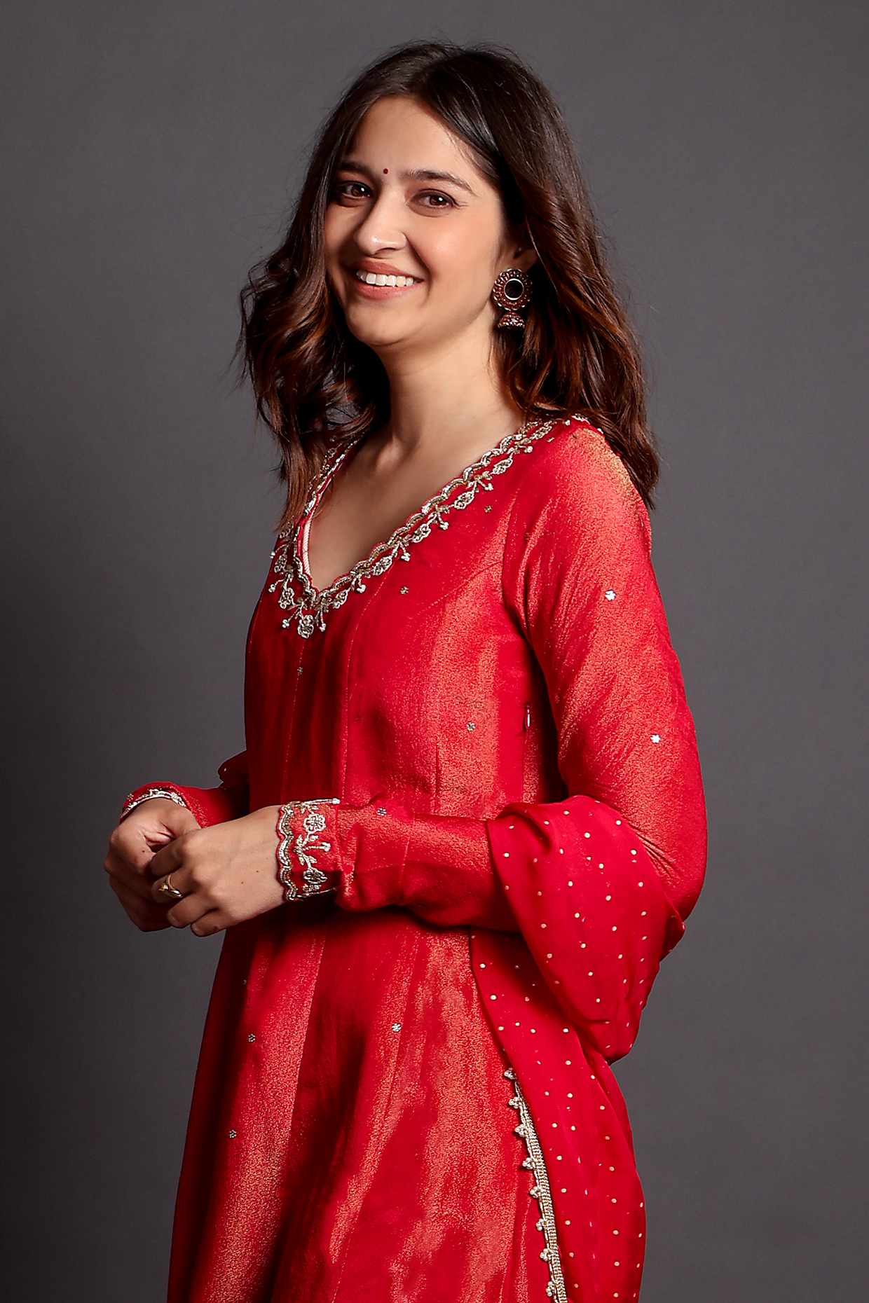 Kavita In Cherry Tissue Embroidered Anarkali Set