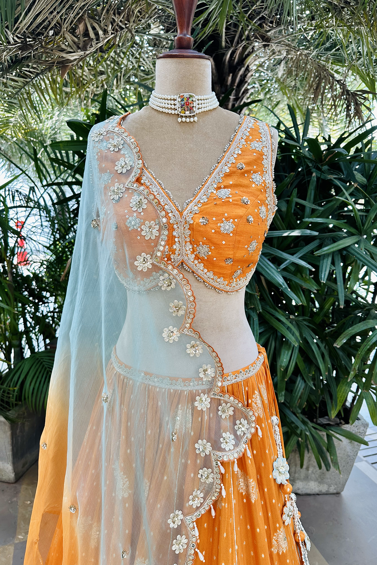Tangerine Embroidered Tissue Lehenga Set