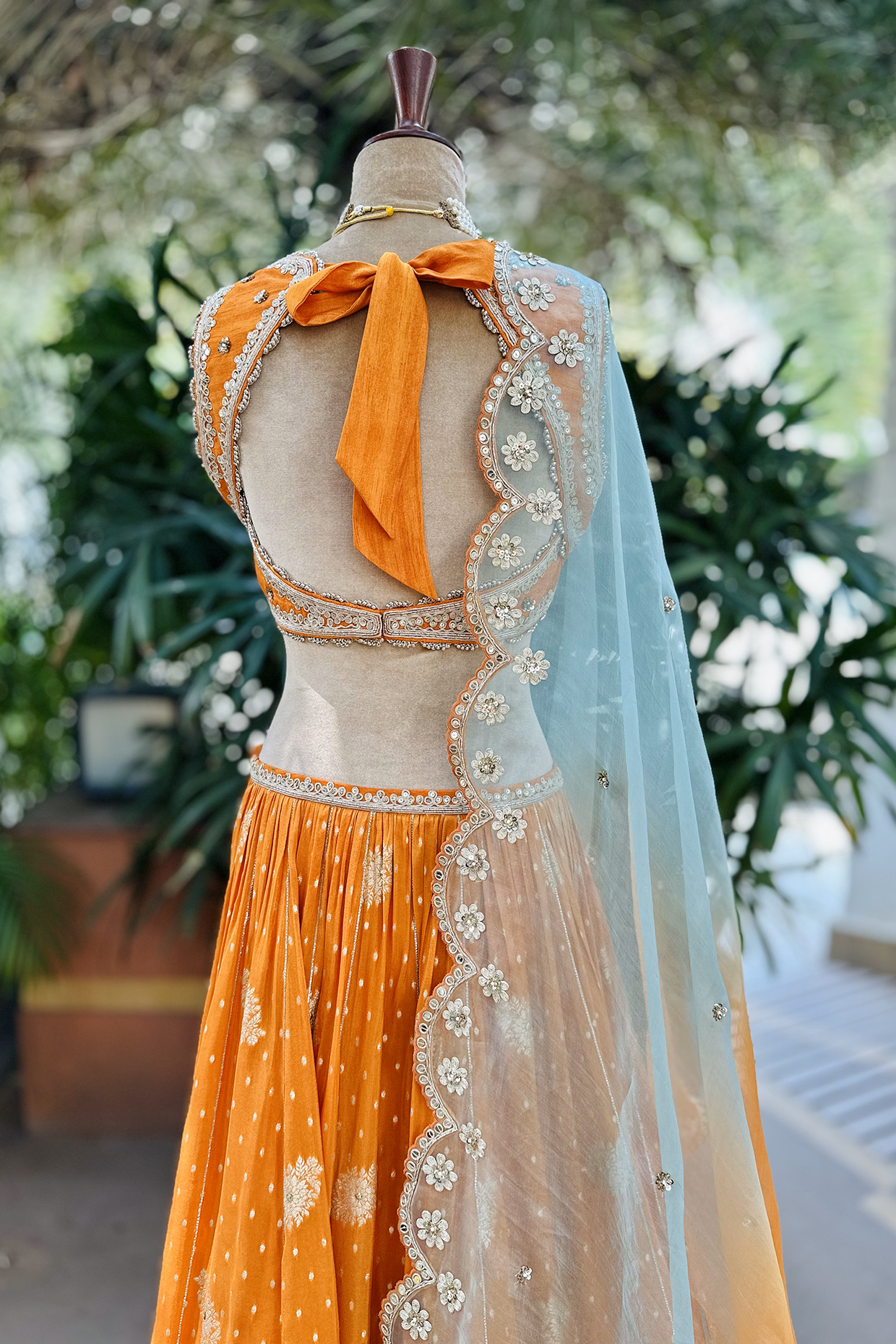 Tangerine Embroidered Tissue Lehenga Set
