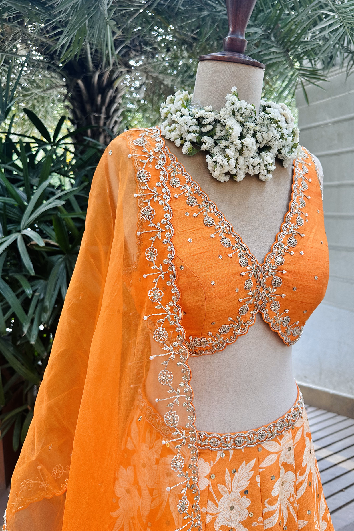 Orange Silk Printed & Embroidered Lehenga Set