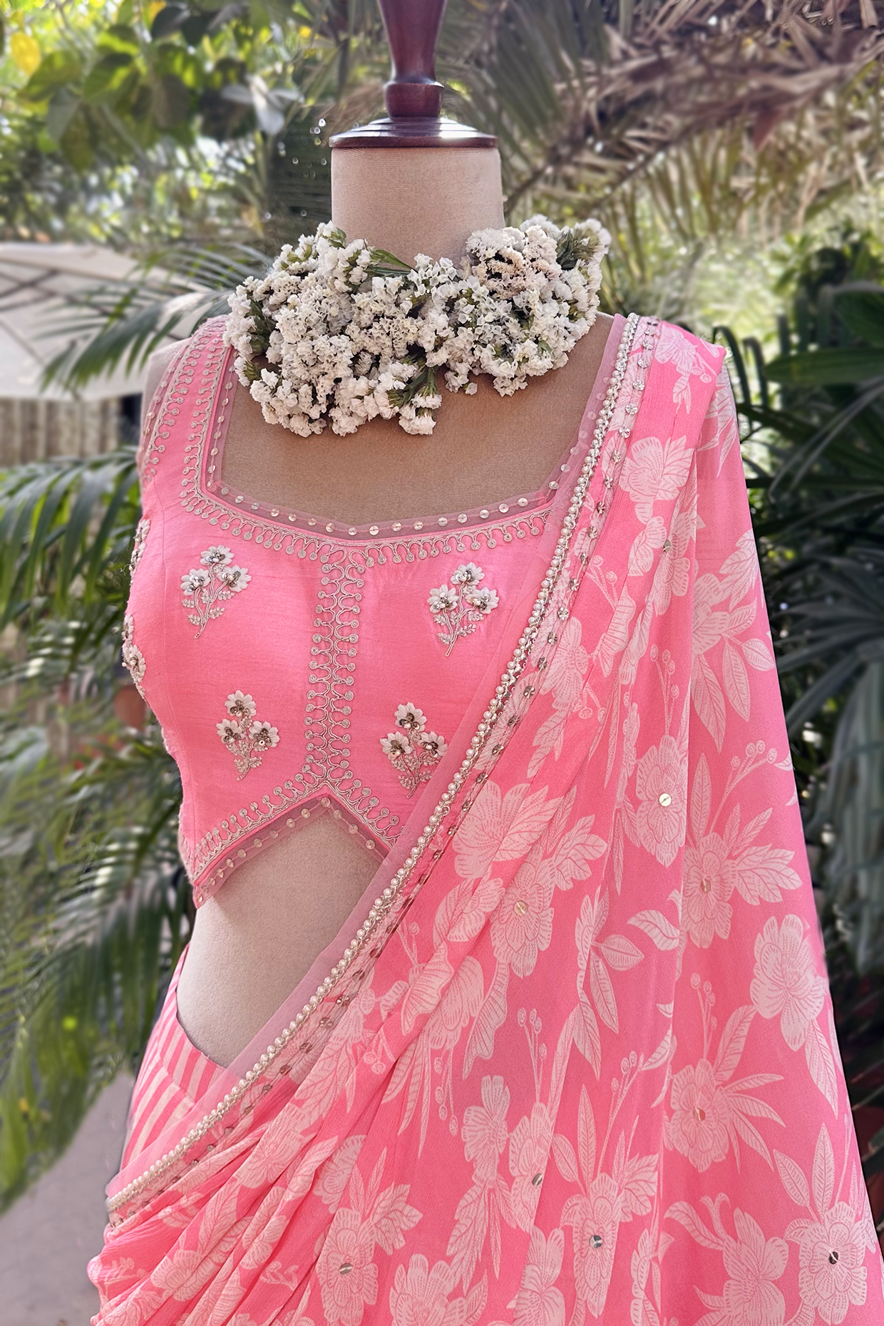 Candy Pink Chiffon Draped Saree Set