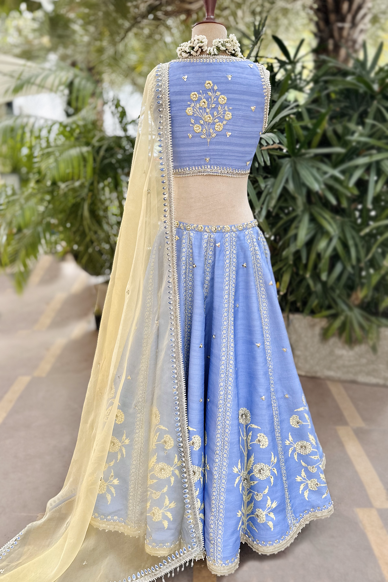 Cornflower Blue Silk Embroidered Lehenga Set