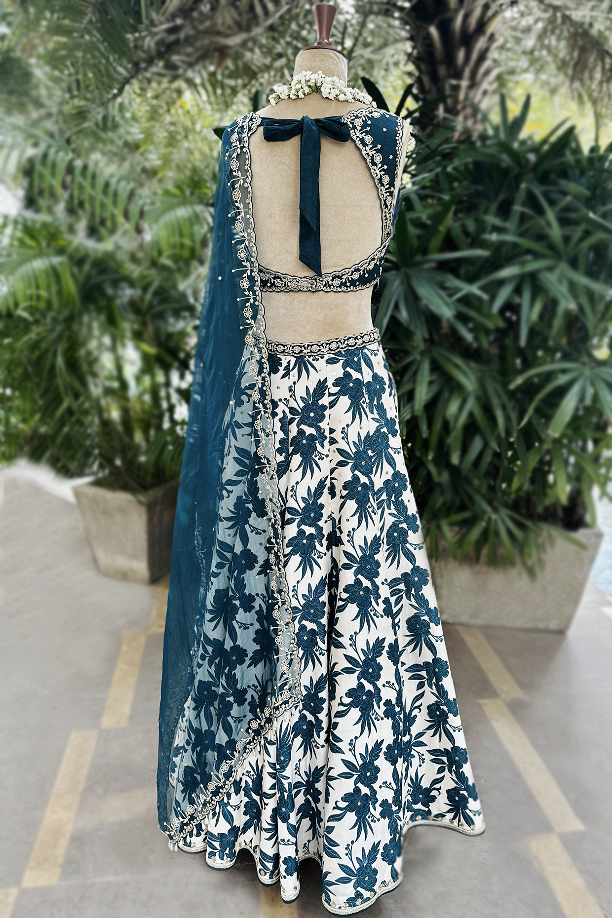 Ivory-Teal Silk Printed & Embroidered Lehenga Set