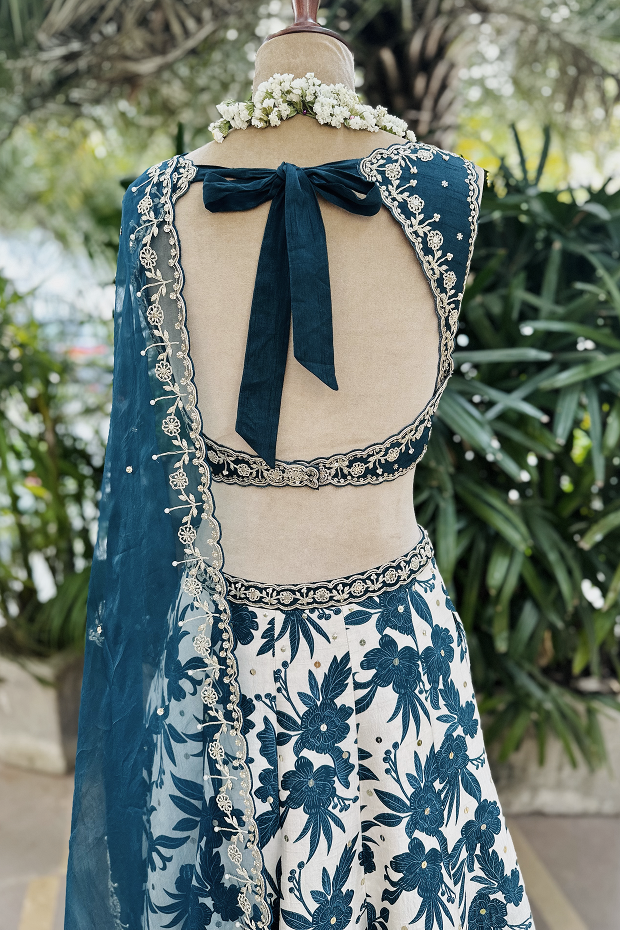 Ivory-Teal Silk Printed & Embroidered Lehenga Set