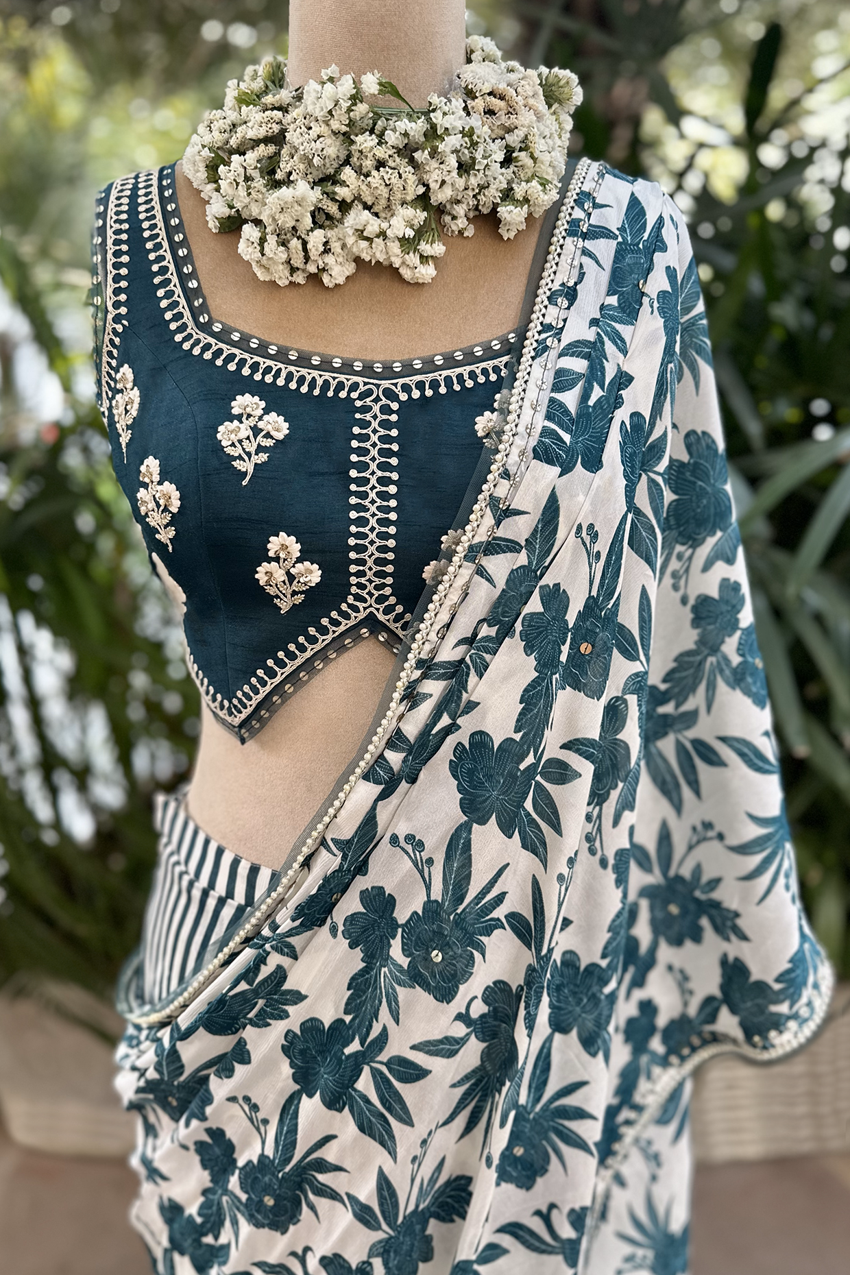 Ivory Teal Chiffon Draped Saree Set