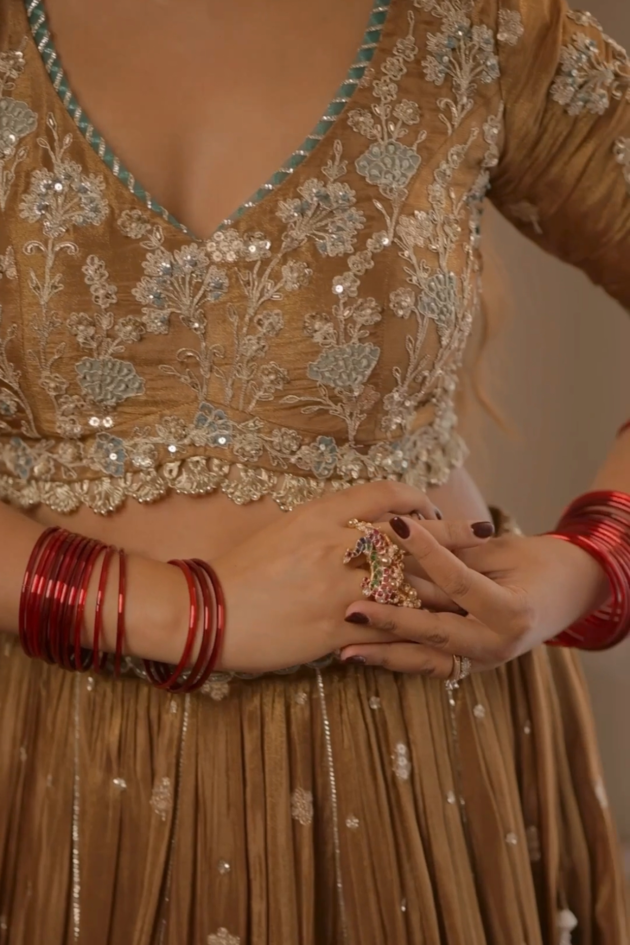 Radhika In Mocha Tissue Embroidered Lehenga Set