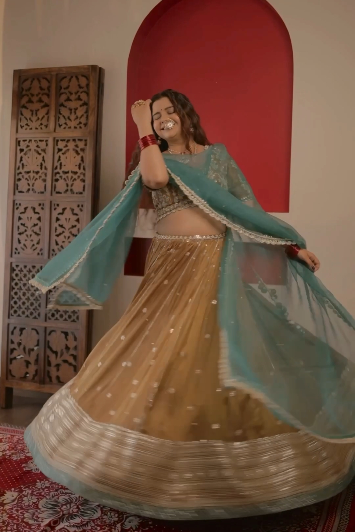 Radhika In Mocha Tissue Embroidered Lehenga Set