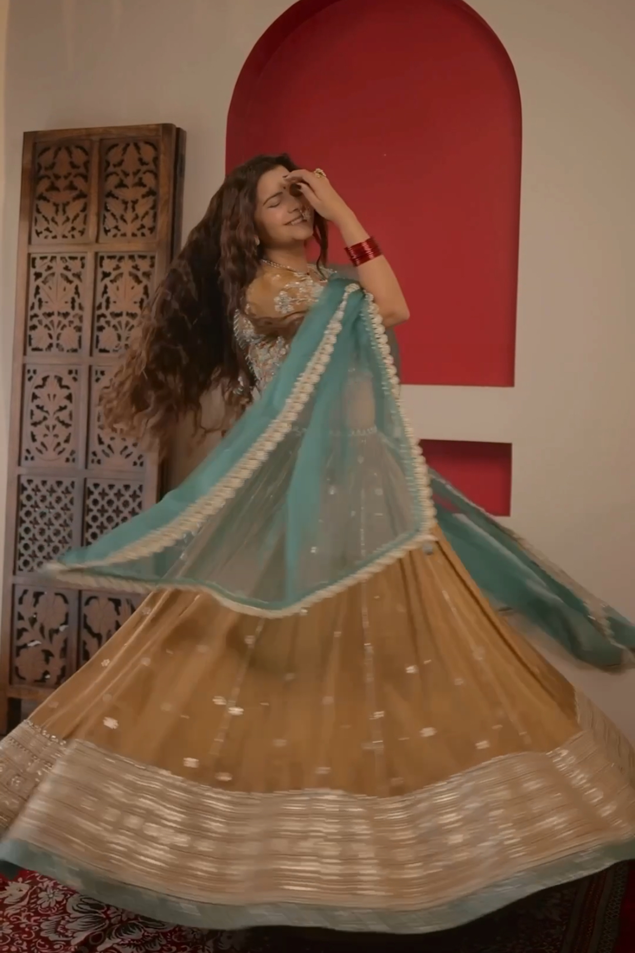 Radhika In Mocha Tissue Embroidered Lehenga Set