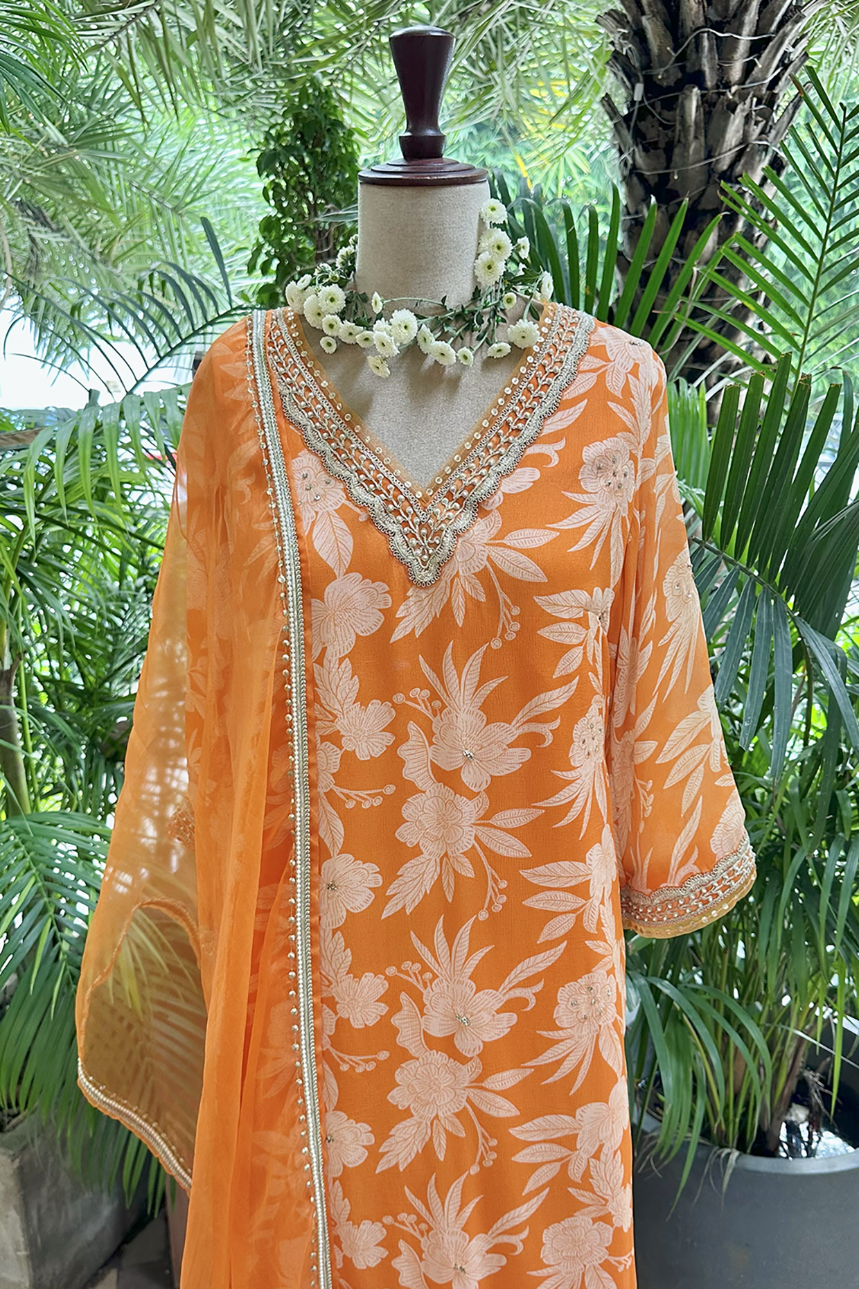 Orange Chiffon Straight Kurta Set