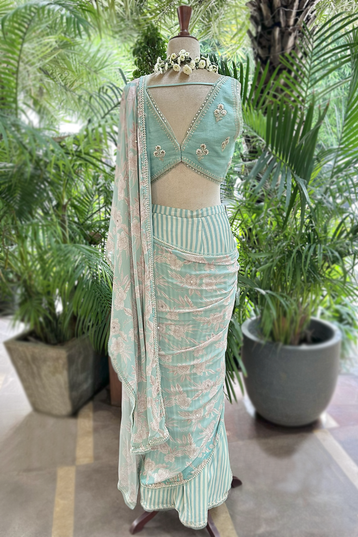 Aqua Chiffon Draped Saree Set