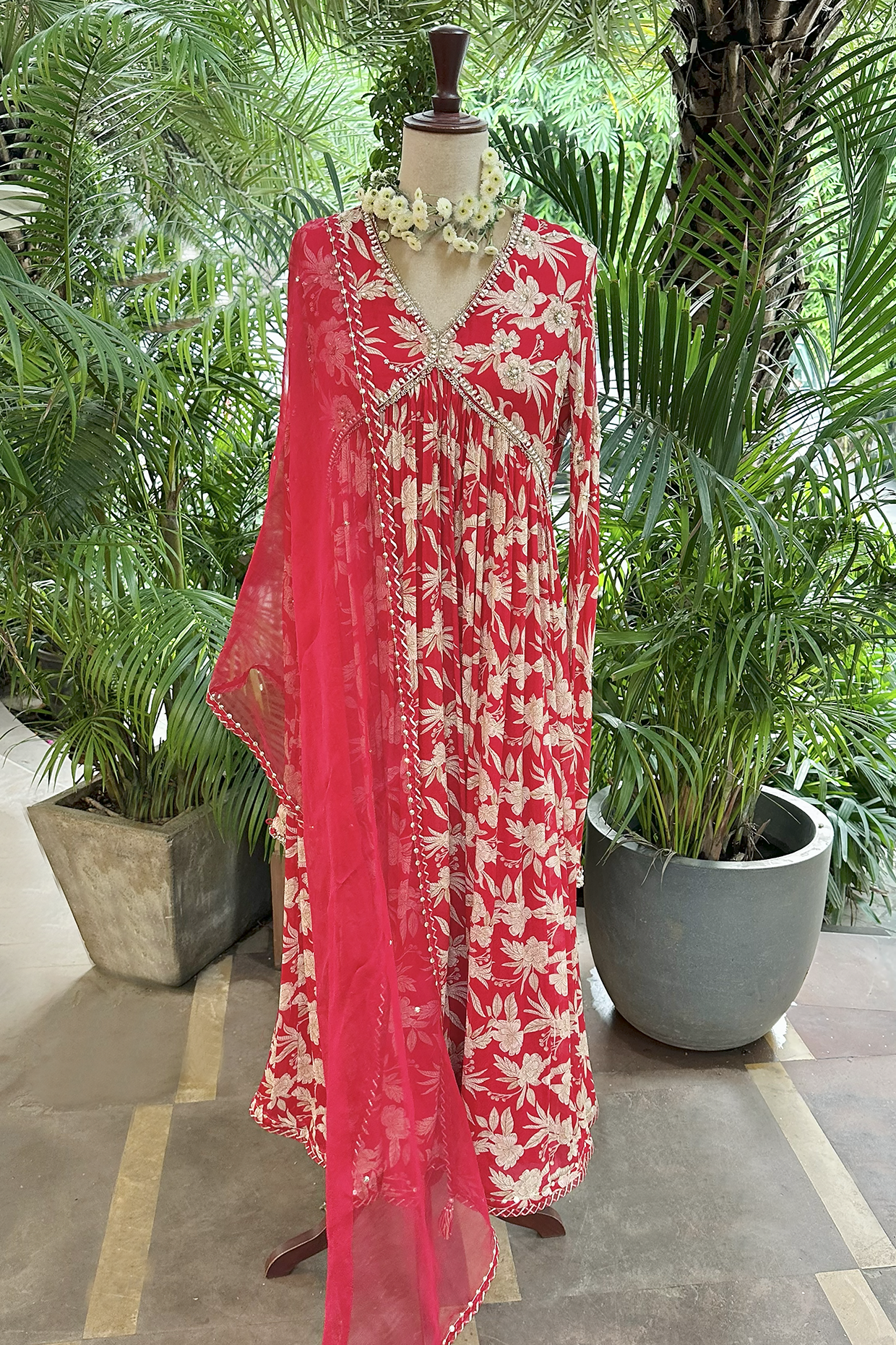 Cherry Red Crepe Printed Anarkali Set