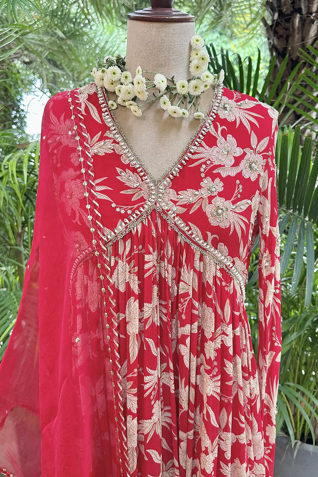 Cherry Red Crepe Printed Anarkali Set