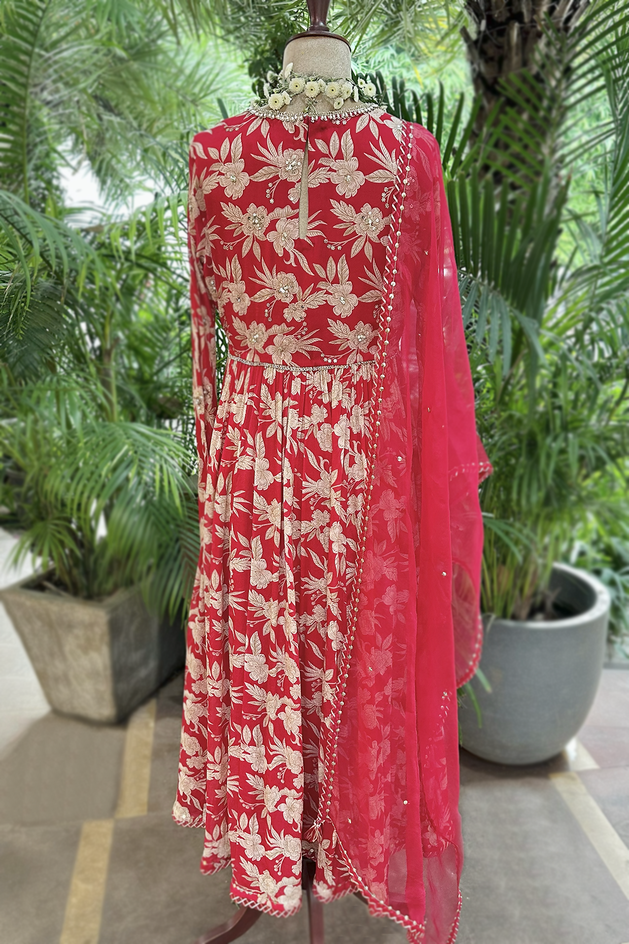 Cherry Red Crepe Printed Anarkali Set