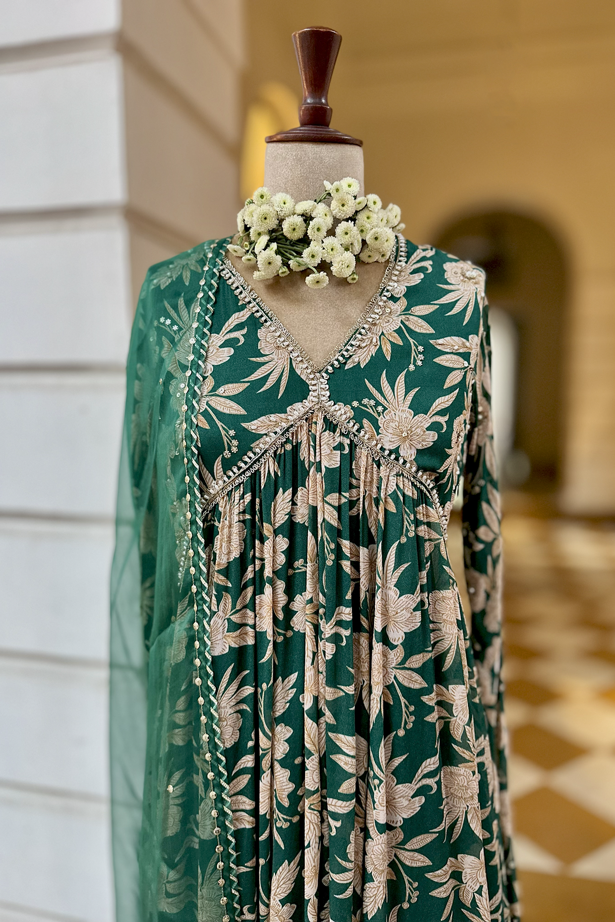 Bottle Green Crepe Printed Anarkali Set