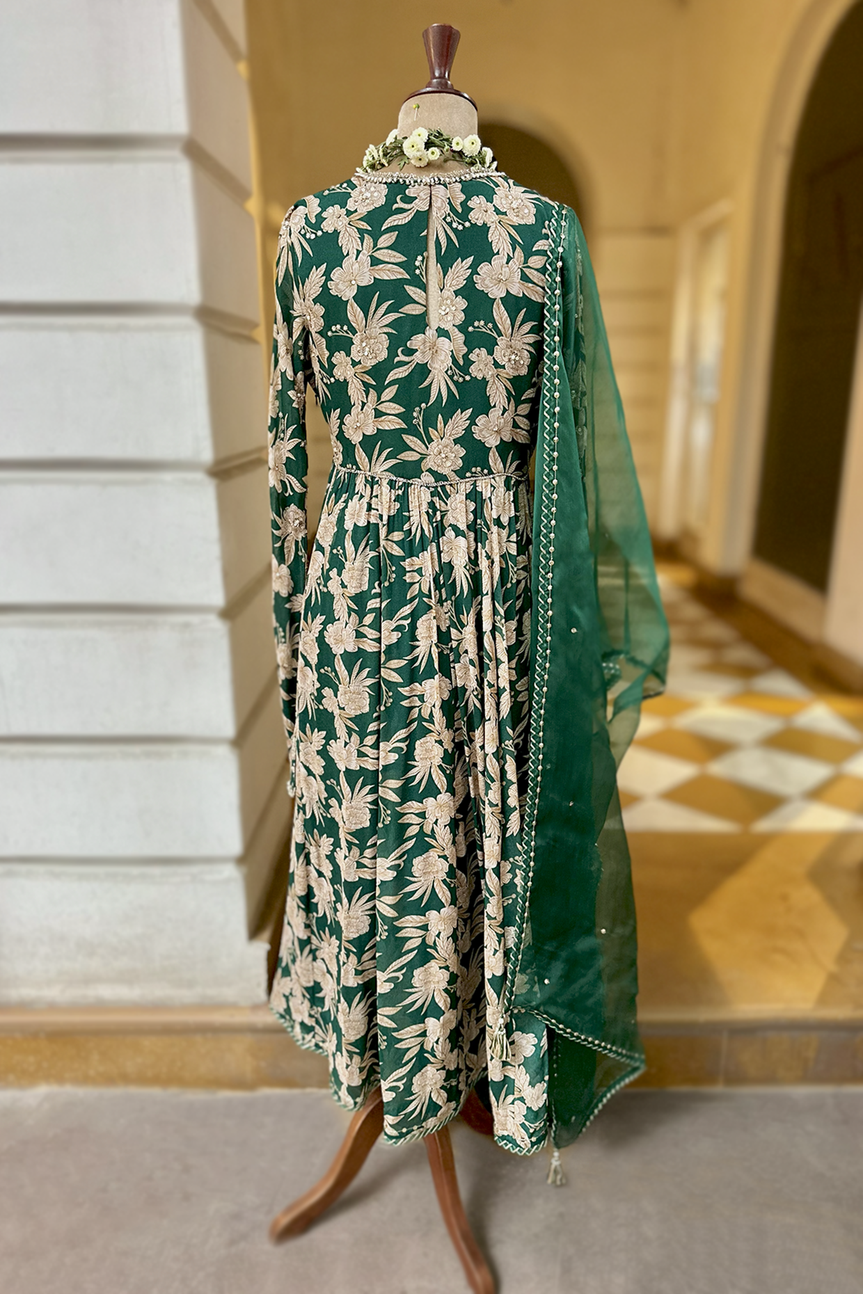 Bottle Green Crepe Printed Anarkali Set