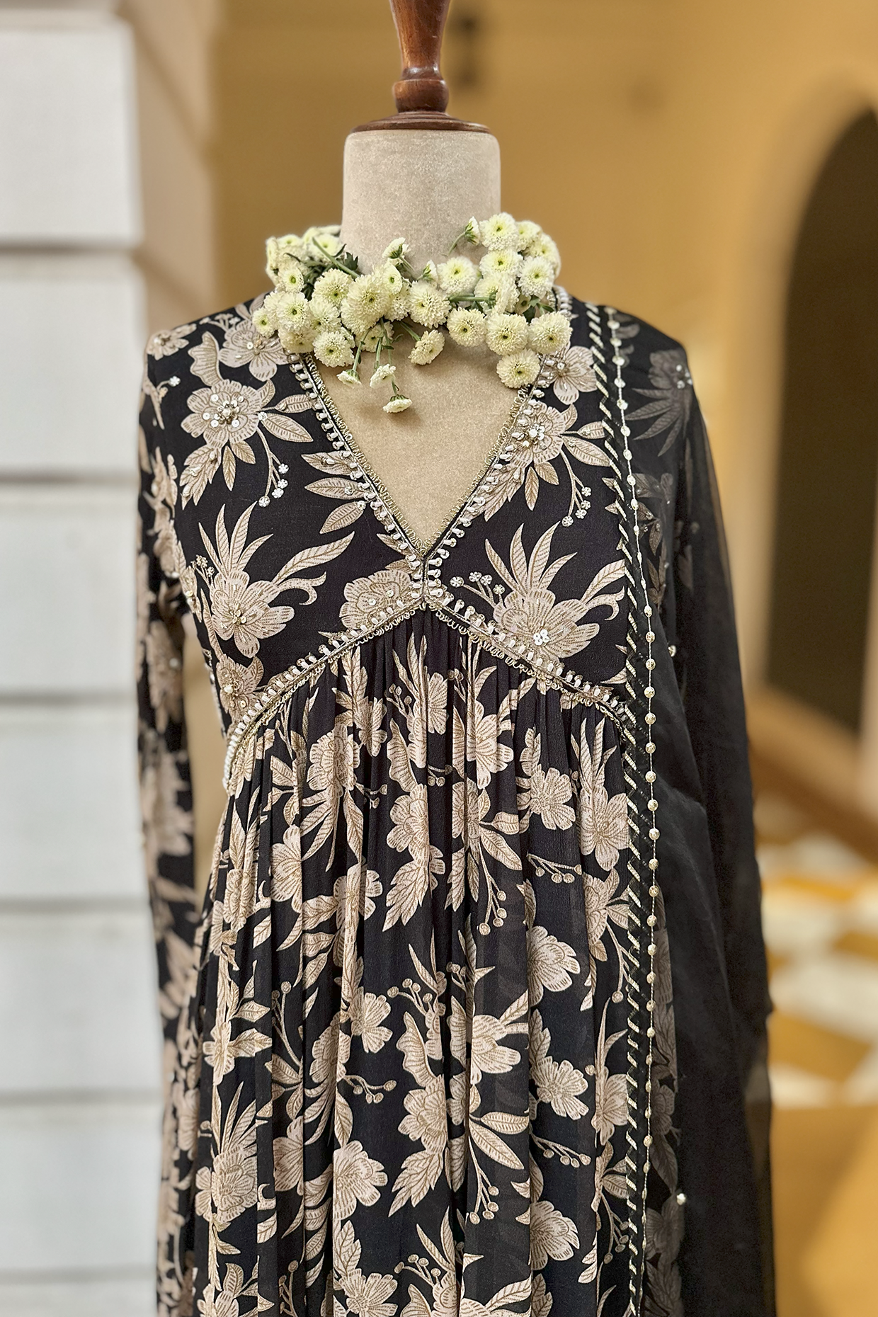Charcoal Black Crepe Printed Anarkali Set