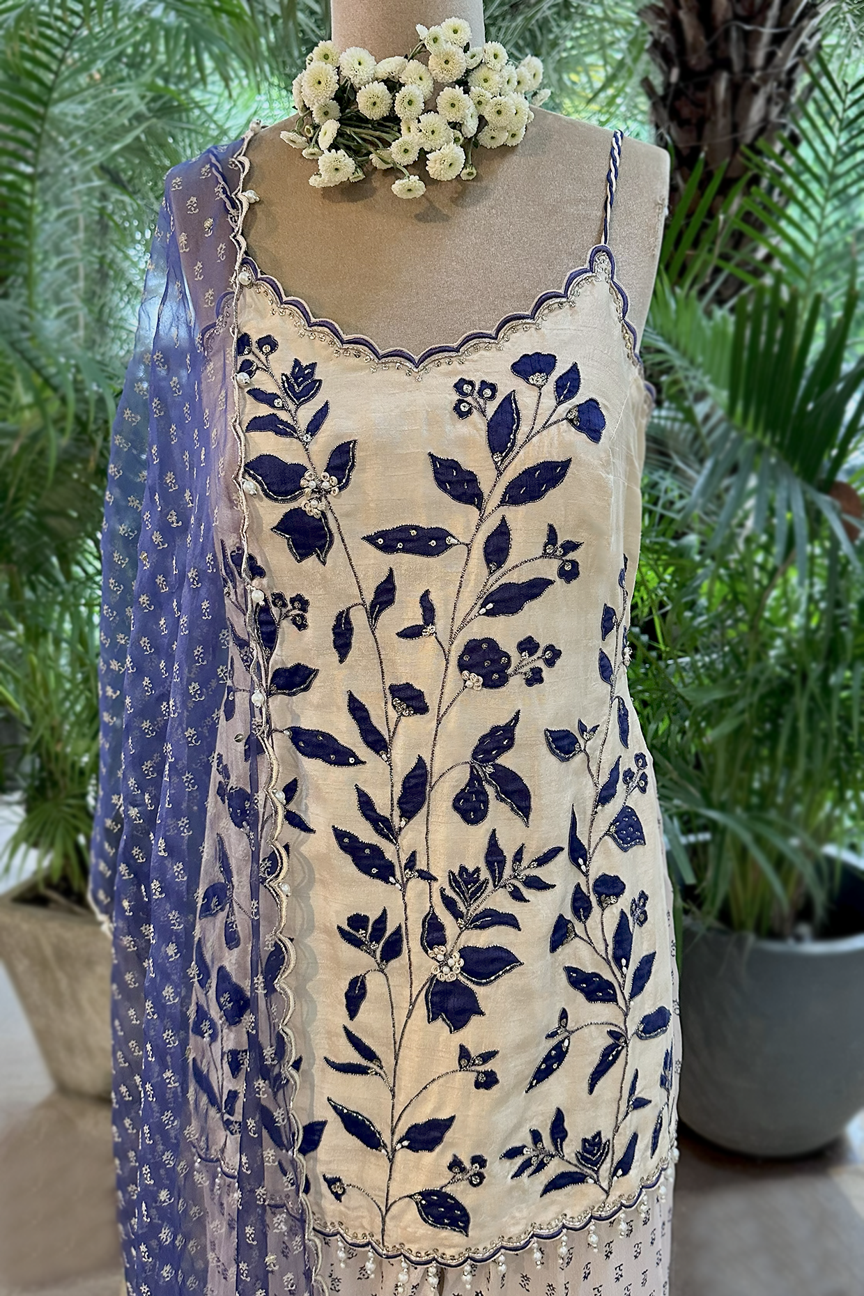 Ecru Silk Embroidered Sharara Set