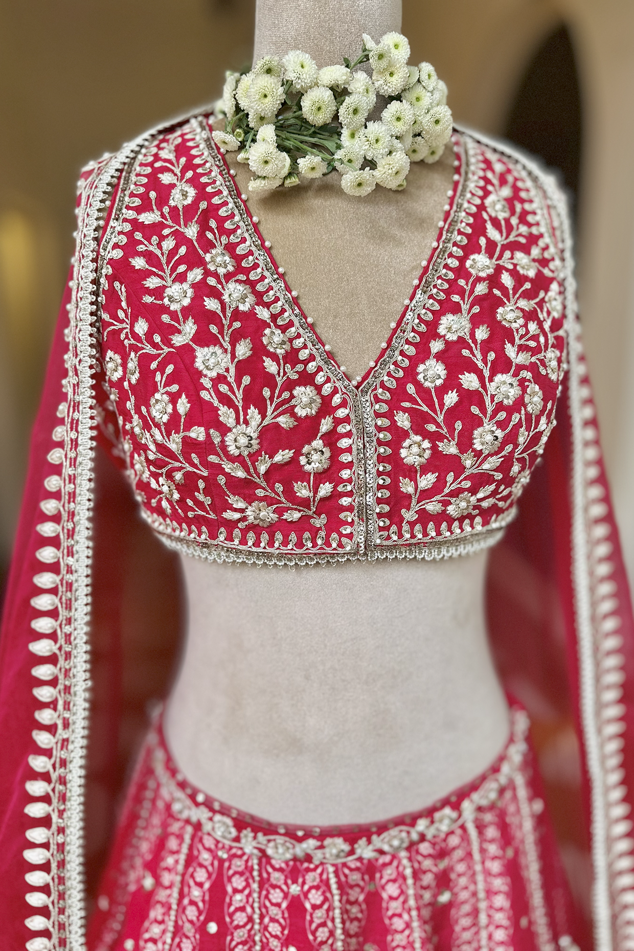 Cherry Red Silk Embroidered Lehenga Set