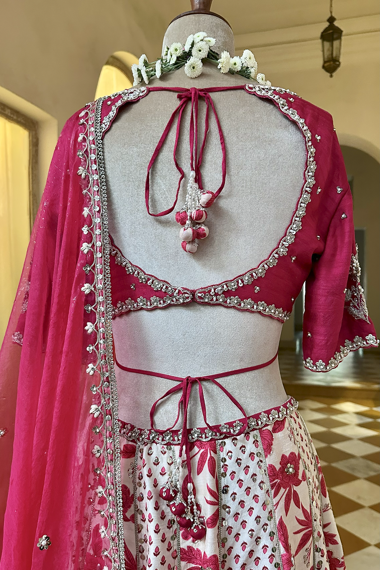 Ecru-Crimson Silk Embroidered Concept Lehenga Set