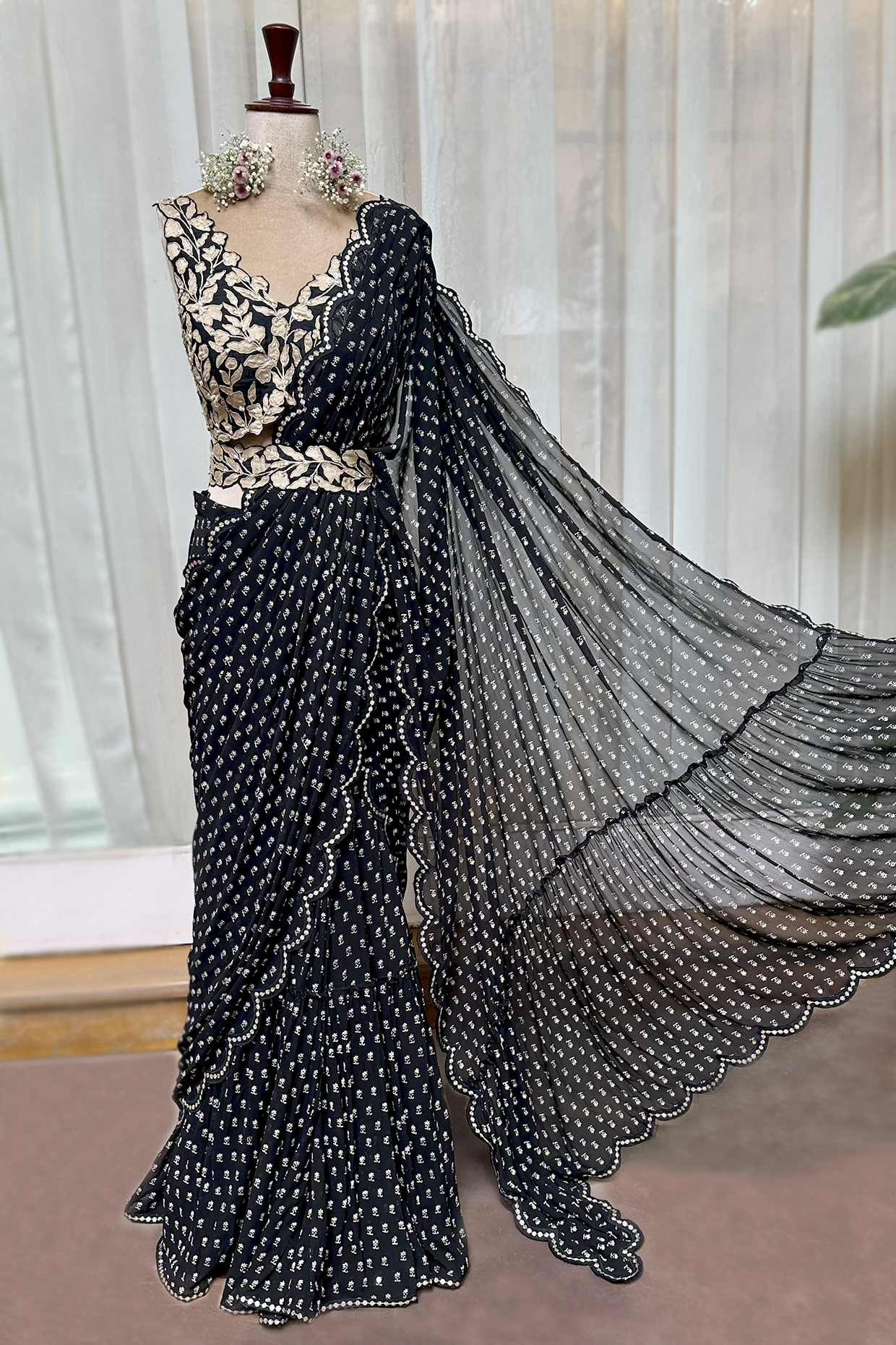 Charcoal Black Georgette Draped Saree Set