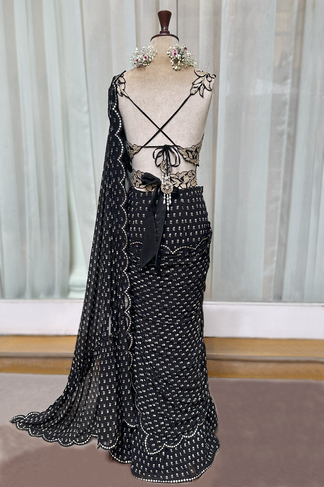 Charcoal Black Georgette Draped Saree Set