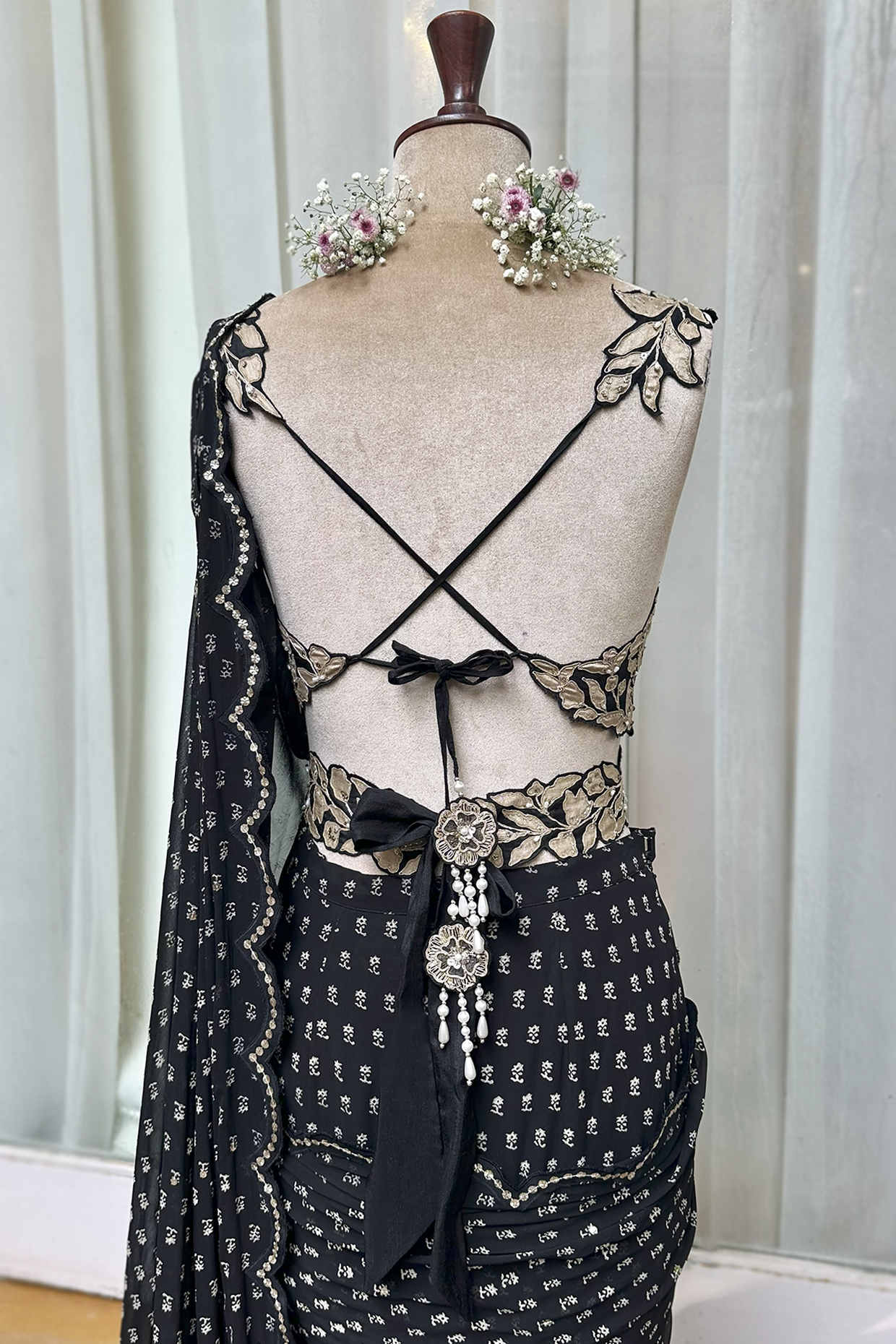 Charcoal Black Georgette Draped Saree Set