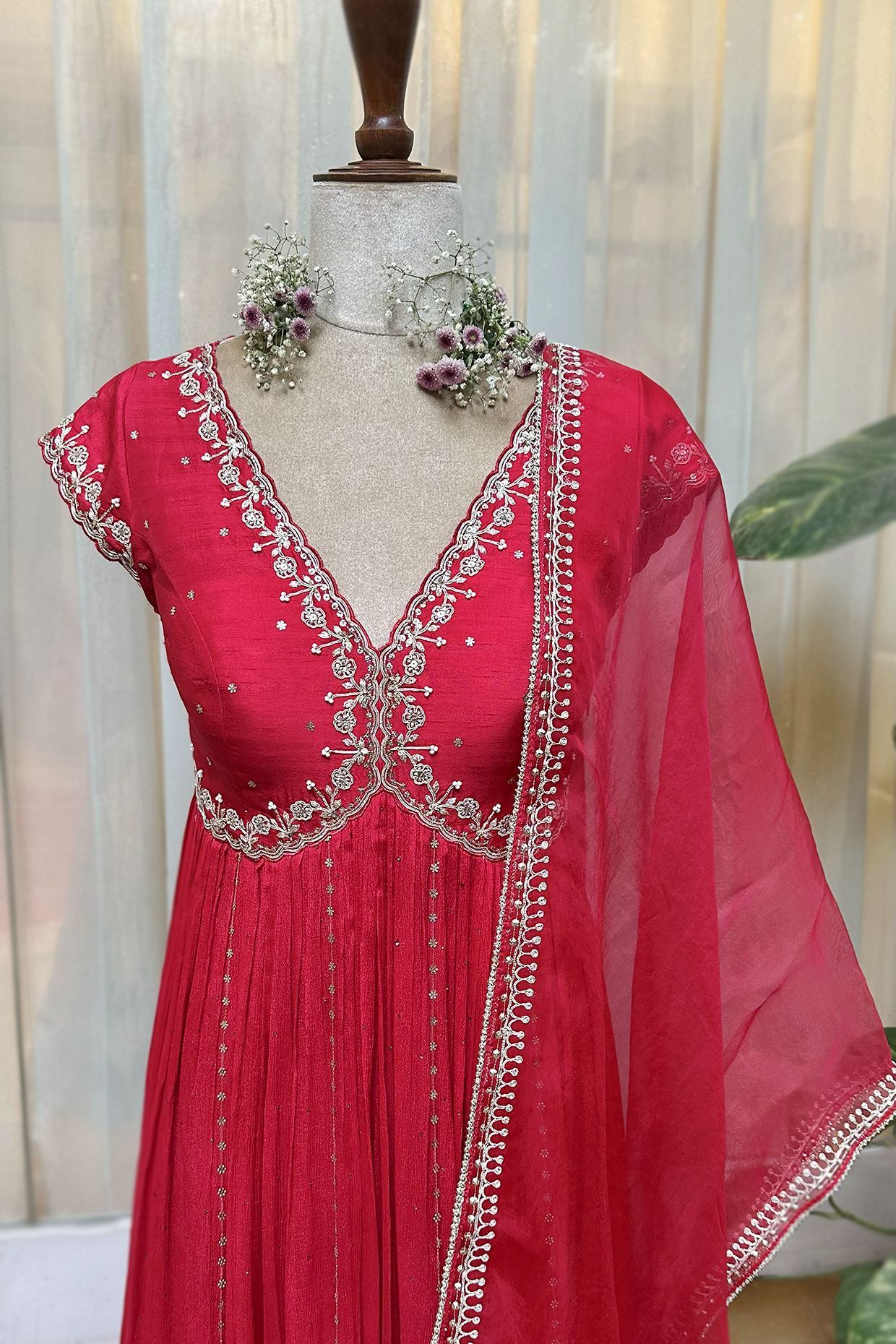 Cherry Red Silk Embroidered Anarkali Set