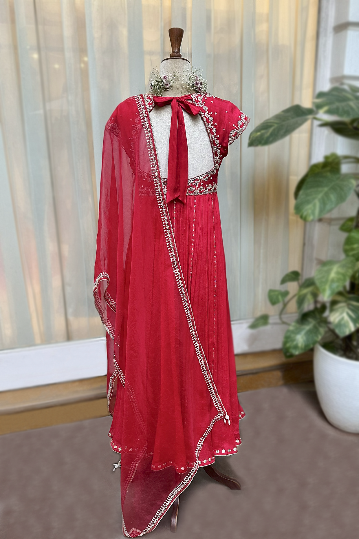 Cherry Red Silk Embroidered Anarkali Set