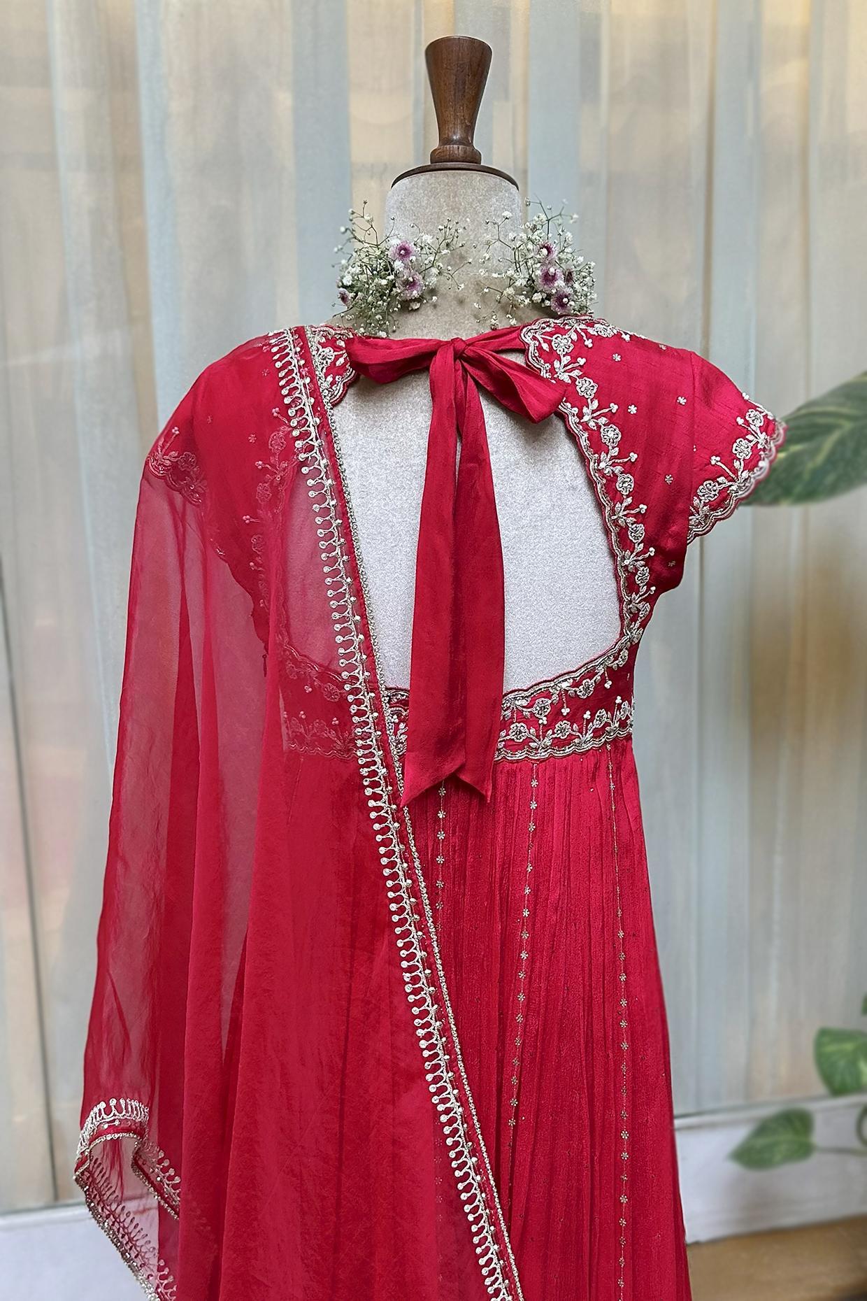 Cherry Red Silk Embroidered Anarkali Set