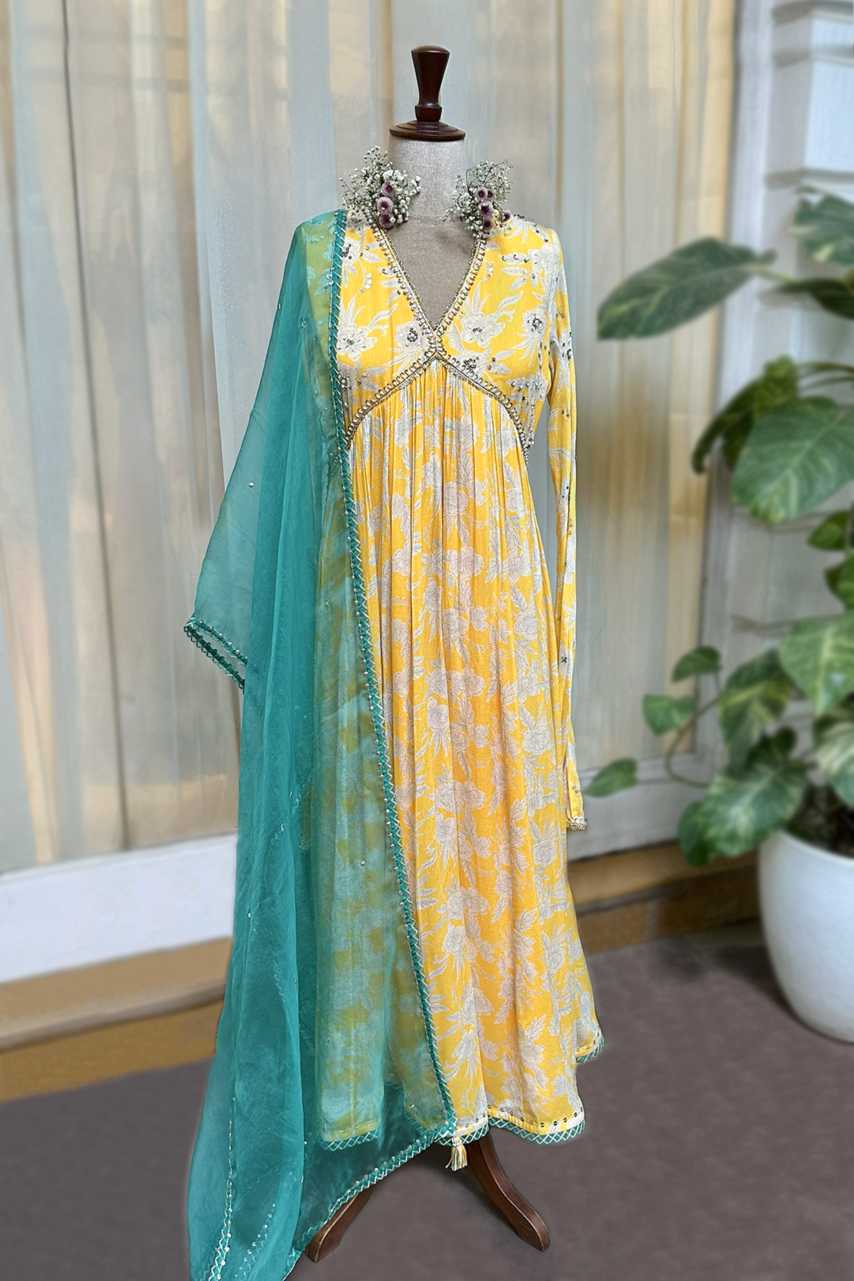 Mustard Crepe Printed Anarkali Set