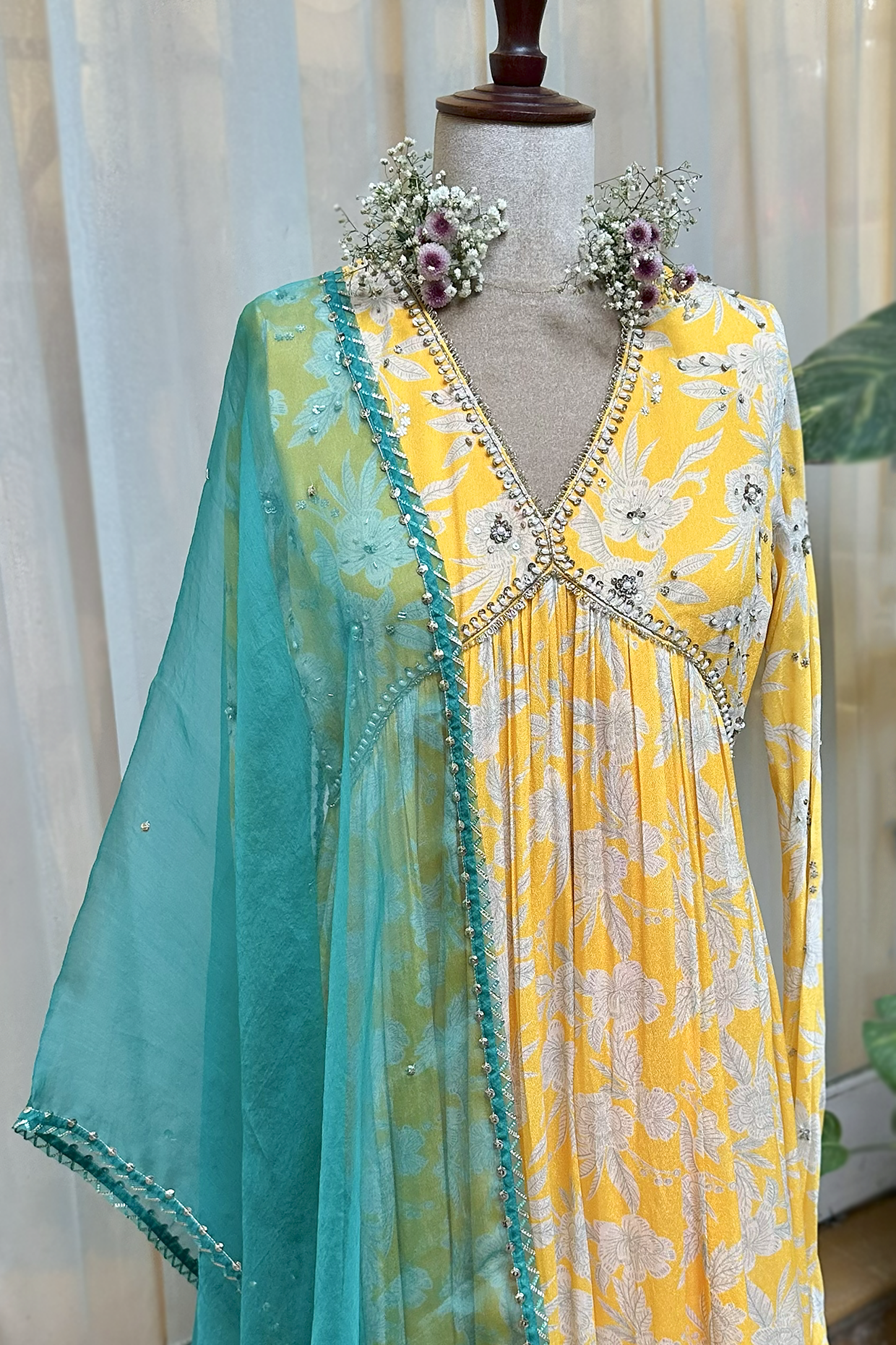 Mustard Crepe Printed Anarkali Set