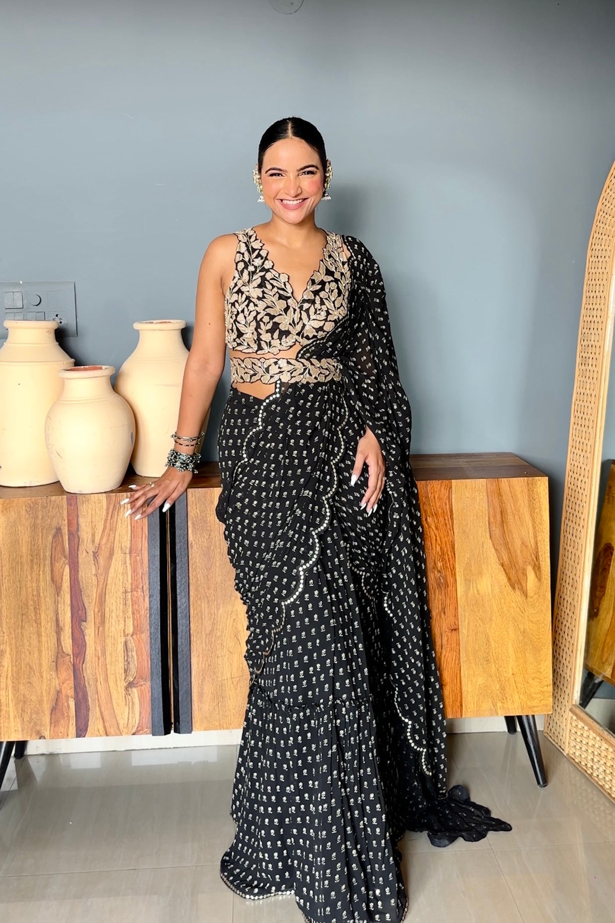 Sapna In Charcoal Black Draped Saree Set