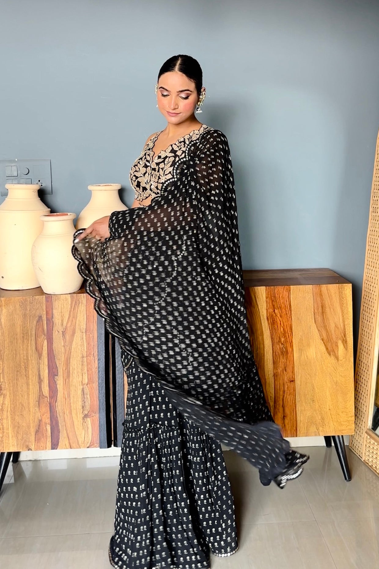 Sapna In Charcoal Black Draped Saree Set