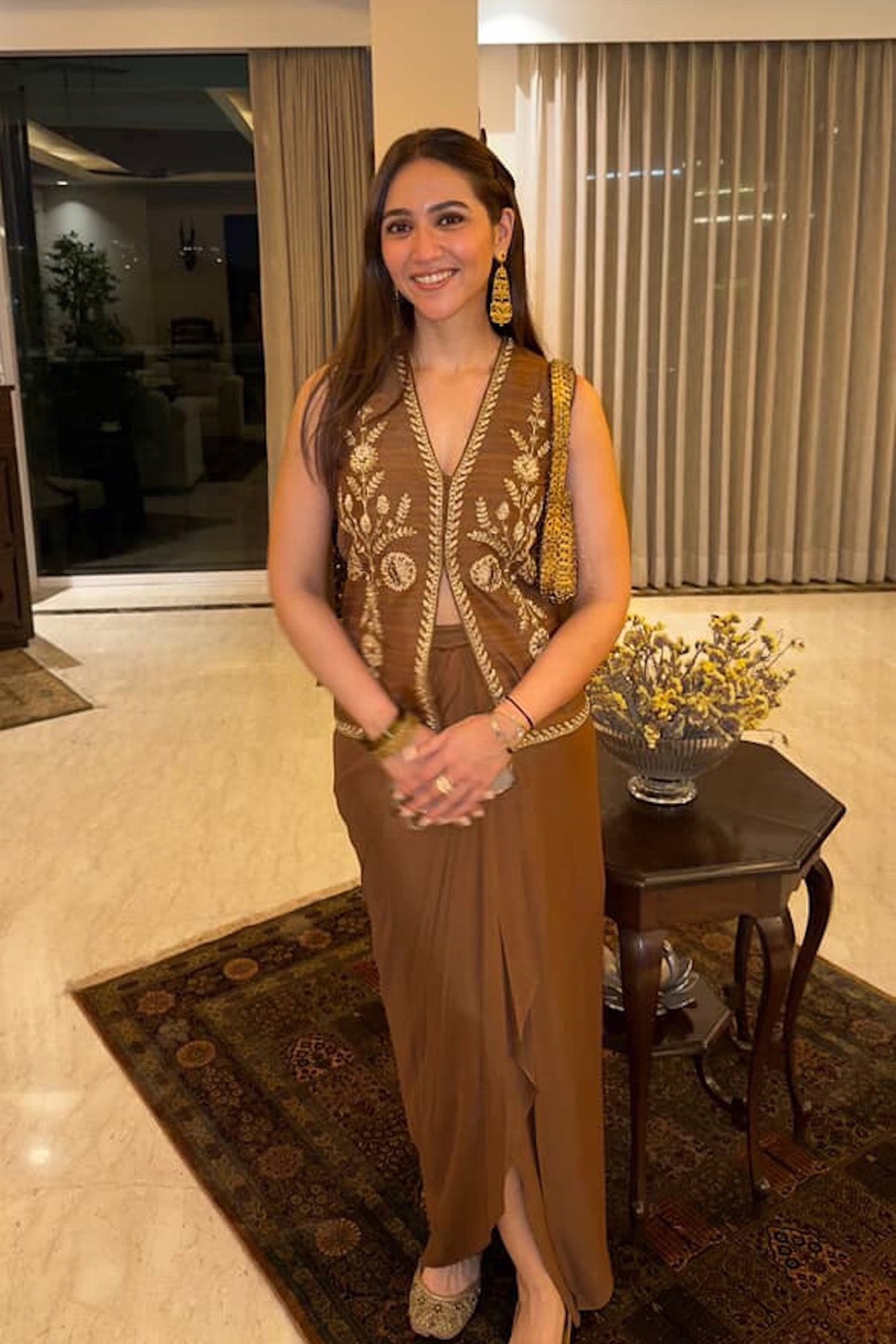 Sahiba Bali In Cocoa Silk Waistcoat Jacket Set