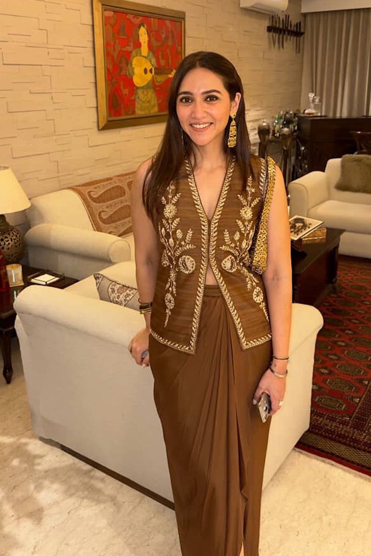 Sahiba Bali In Cocoa Silk Waistcoat Jacket Set