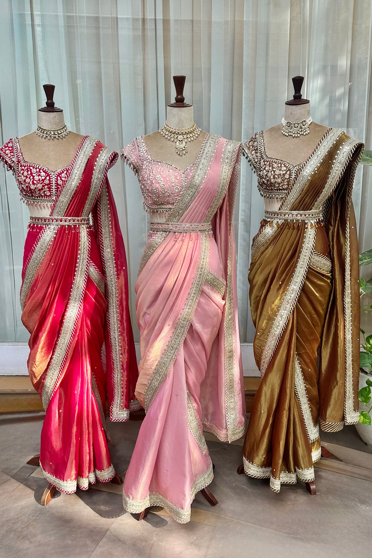 Hot Pink Tissue Draped Saree Set