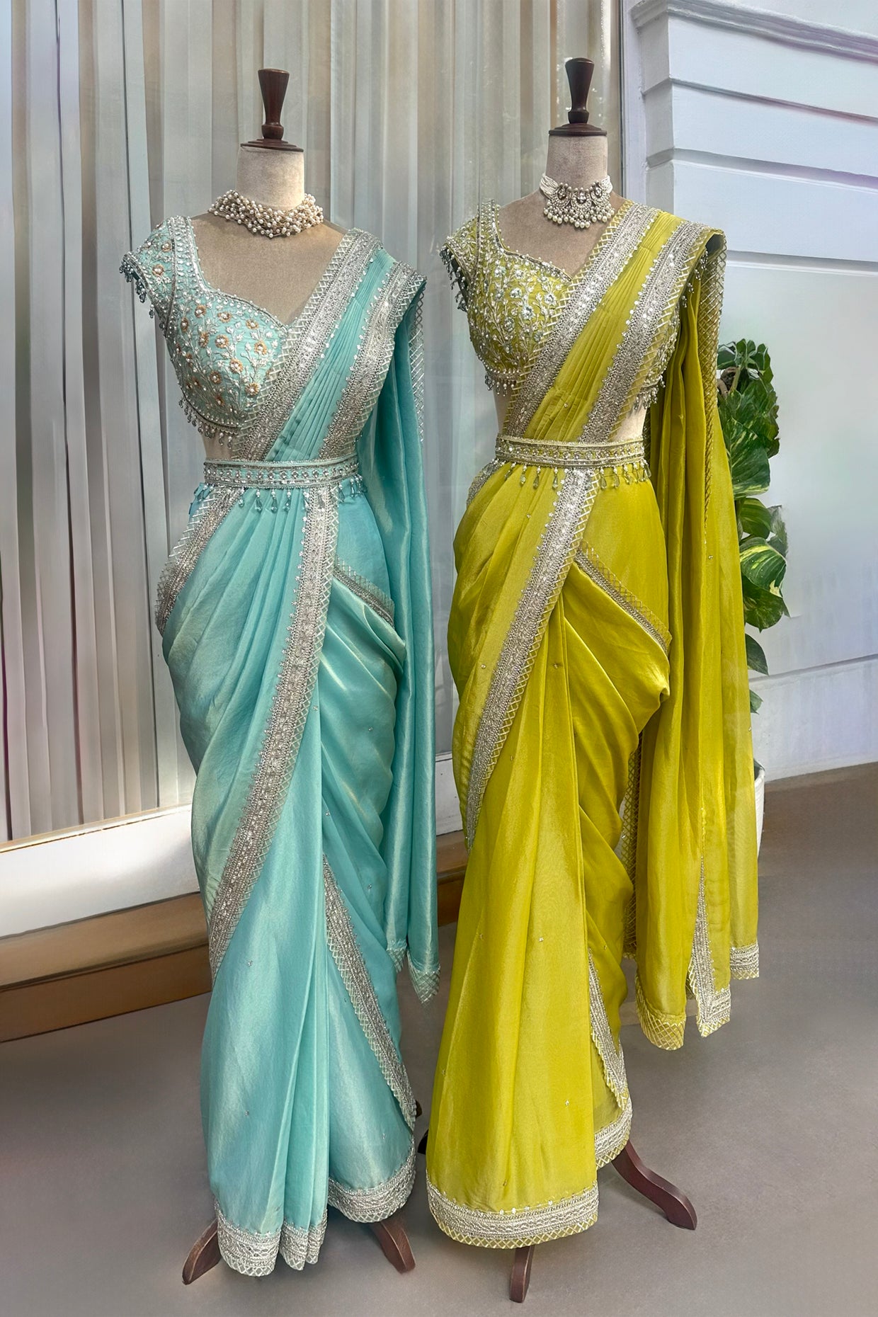 Aqua Tissue Draped Saree Set