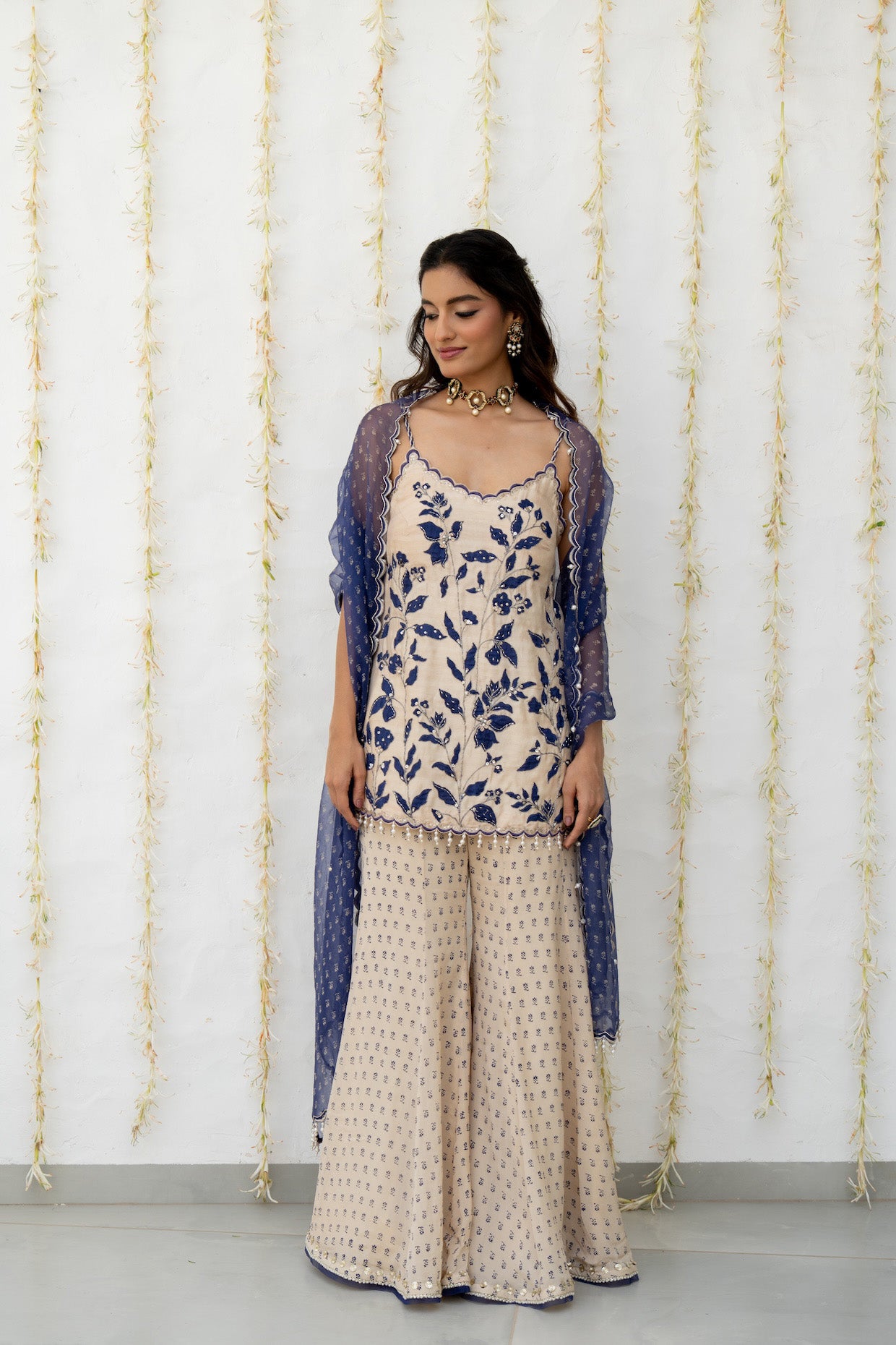 Ecru Silk Embroidered Sharara Set