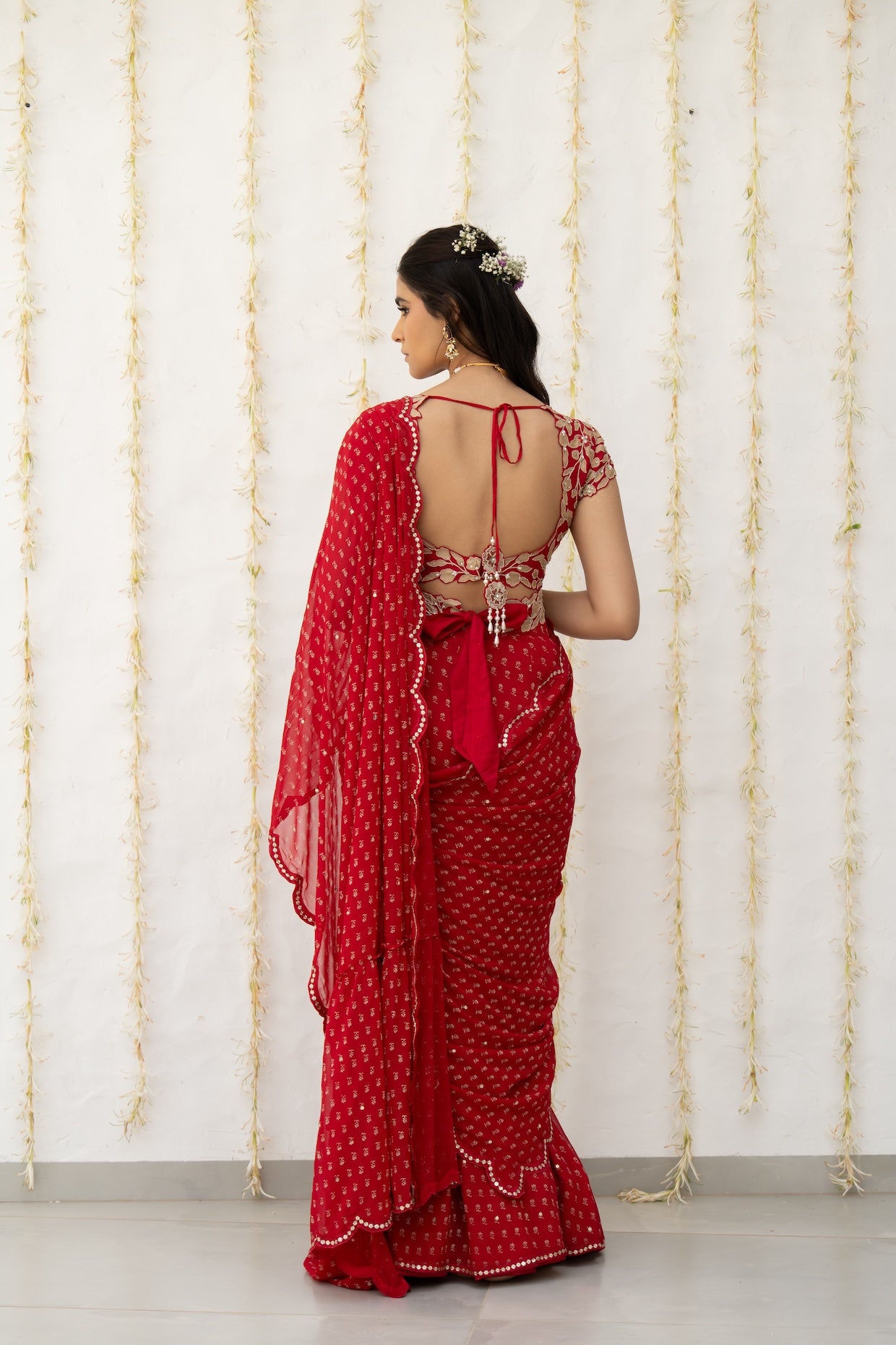 Cherry Red Georgette Draped Saree Set