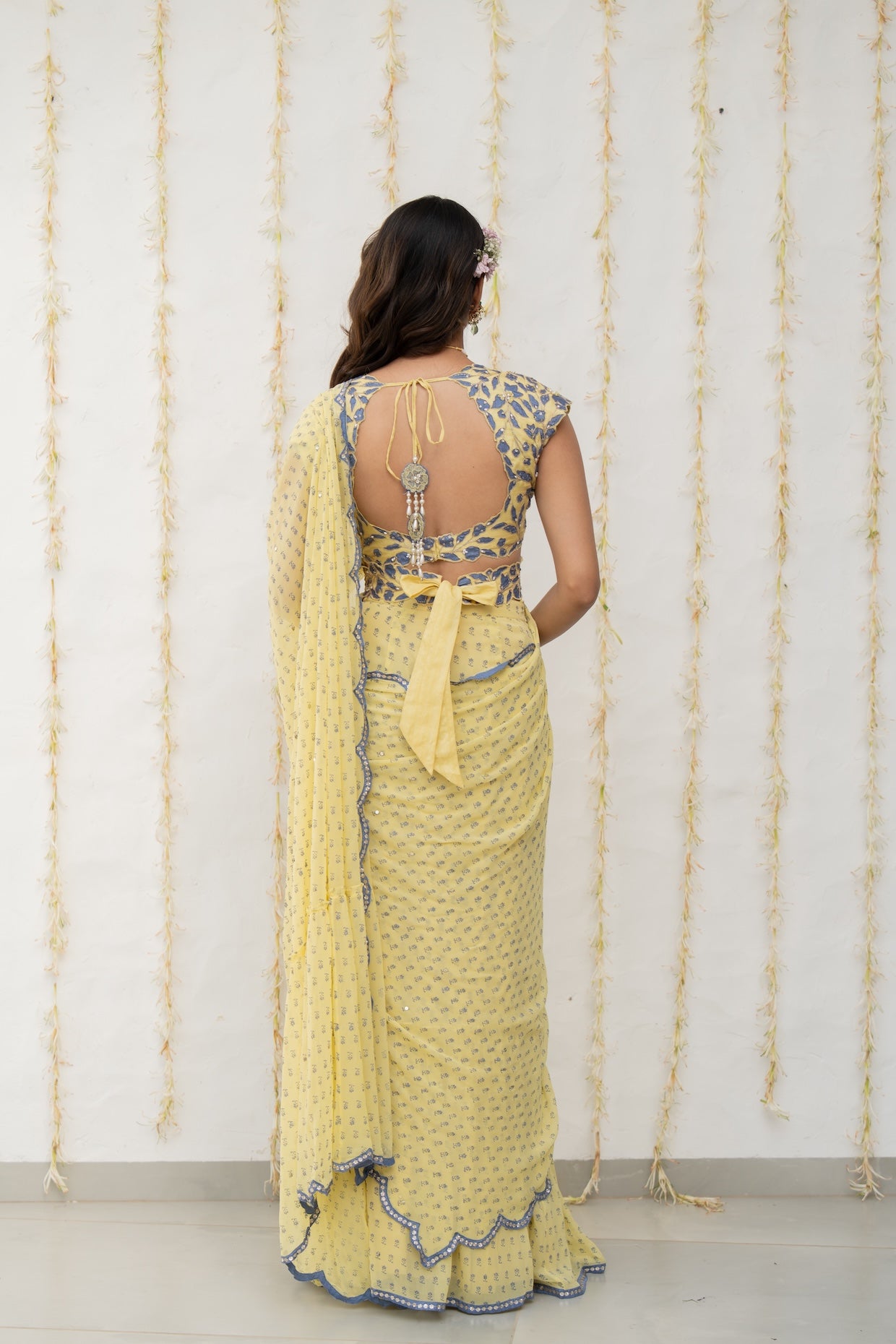 Butter Yellow Georgette Draped Saree Set