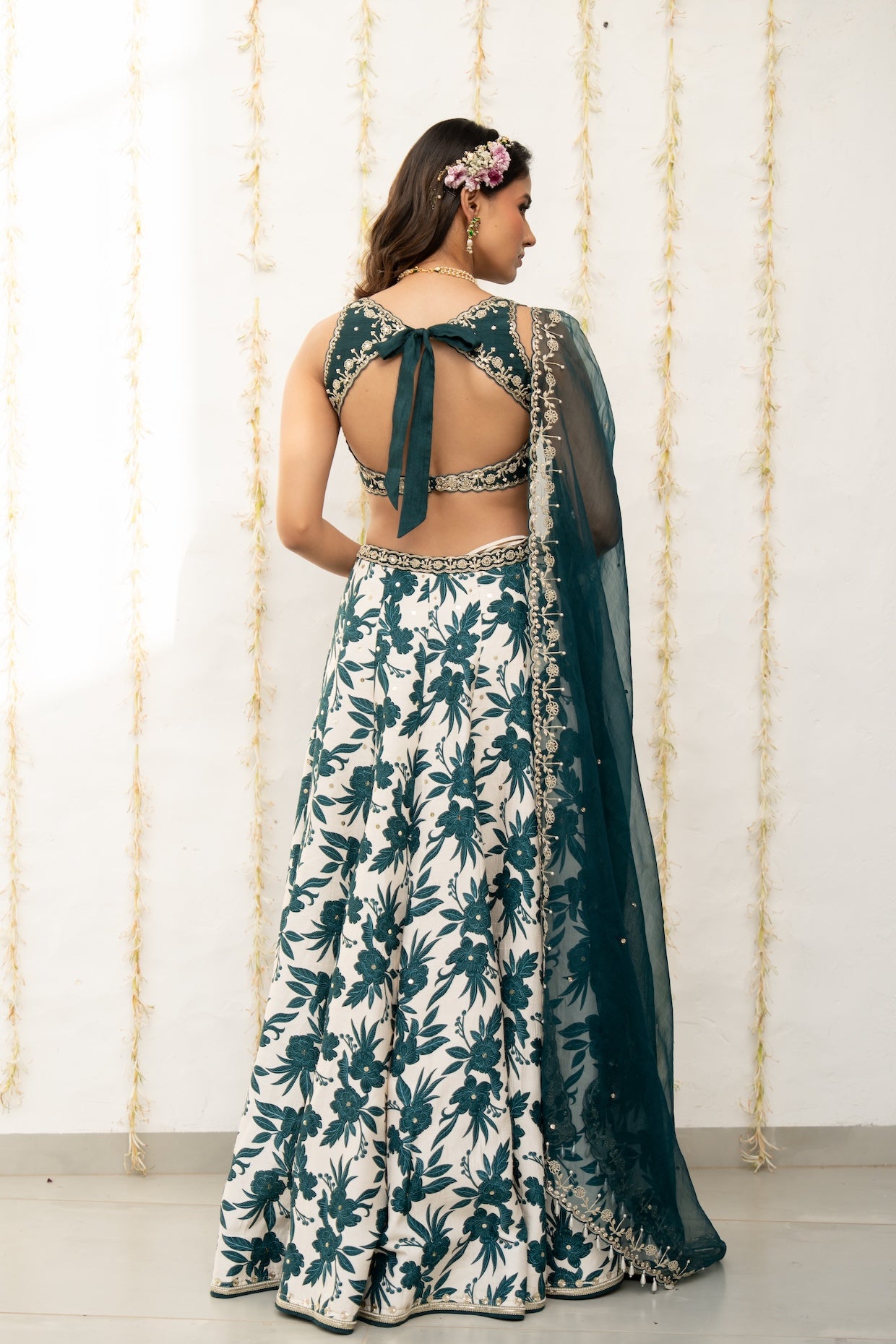 Ivory-Teal Silk Printed & Embroidered Lehenga Set